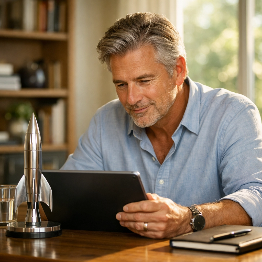 Retiree in home office reviewing a retirement plan, symbolizing precision engineering and a successful wealth trajectory.