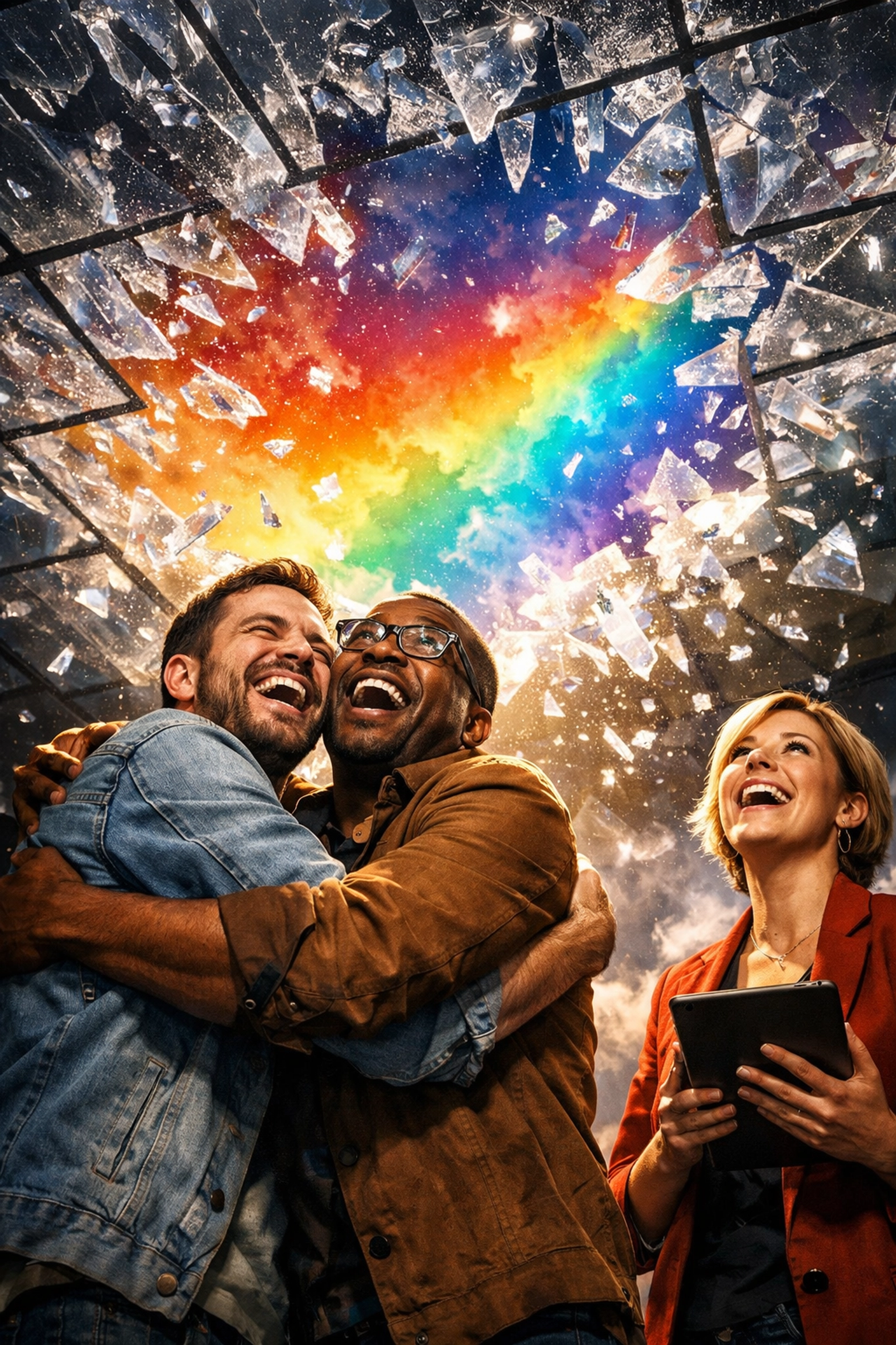 Queer authors celebrating the end of publishing gatekeepers under a vibrant rainbow sky.