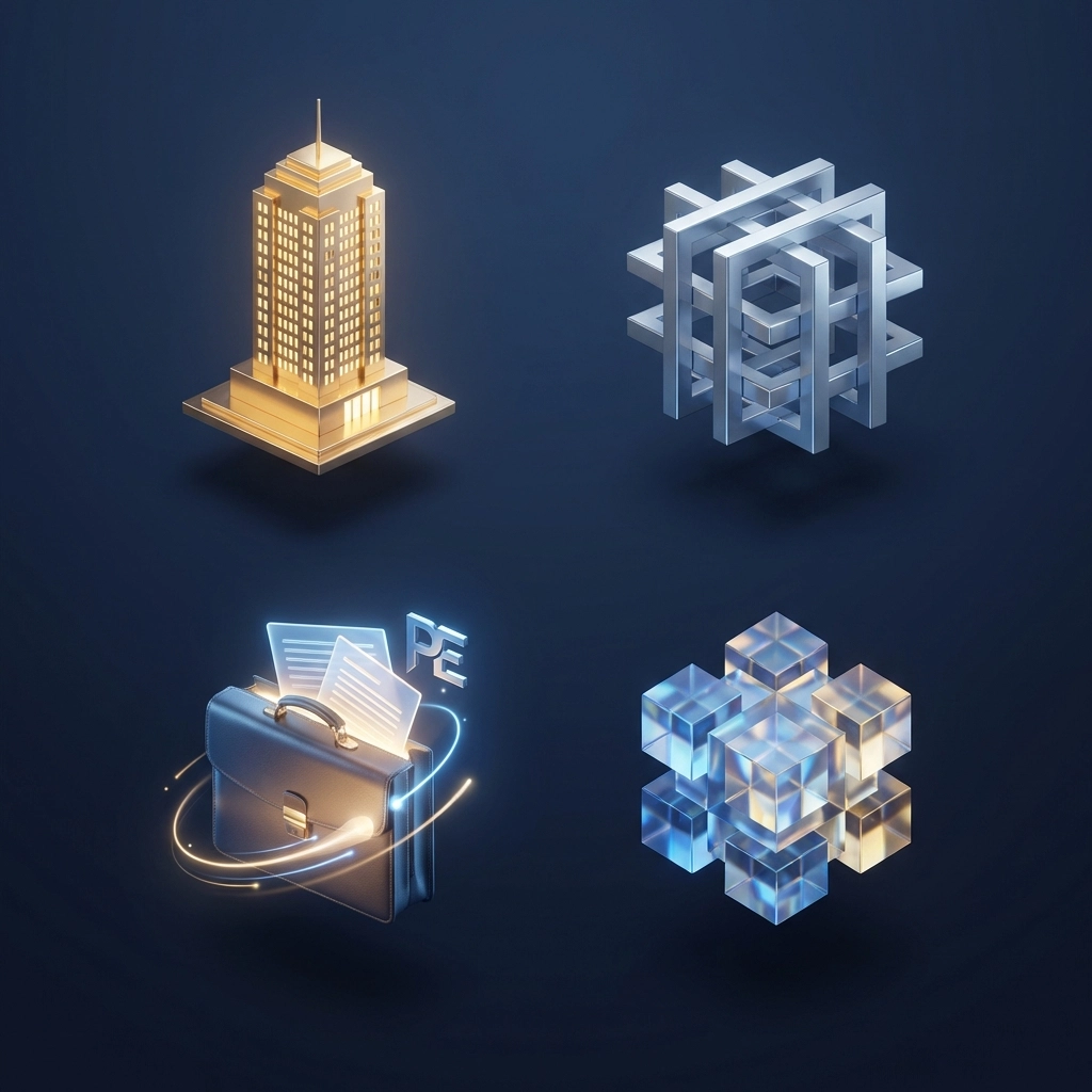 Icons representing real estate, hedge funds, private equity, and structured products for institutional investments overview