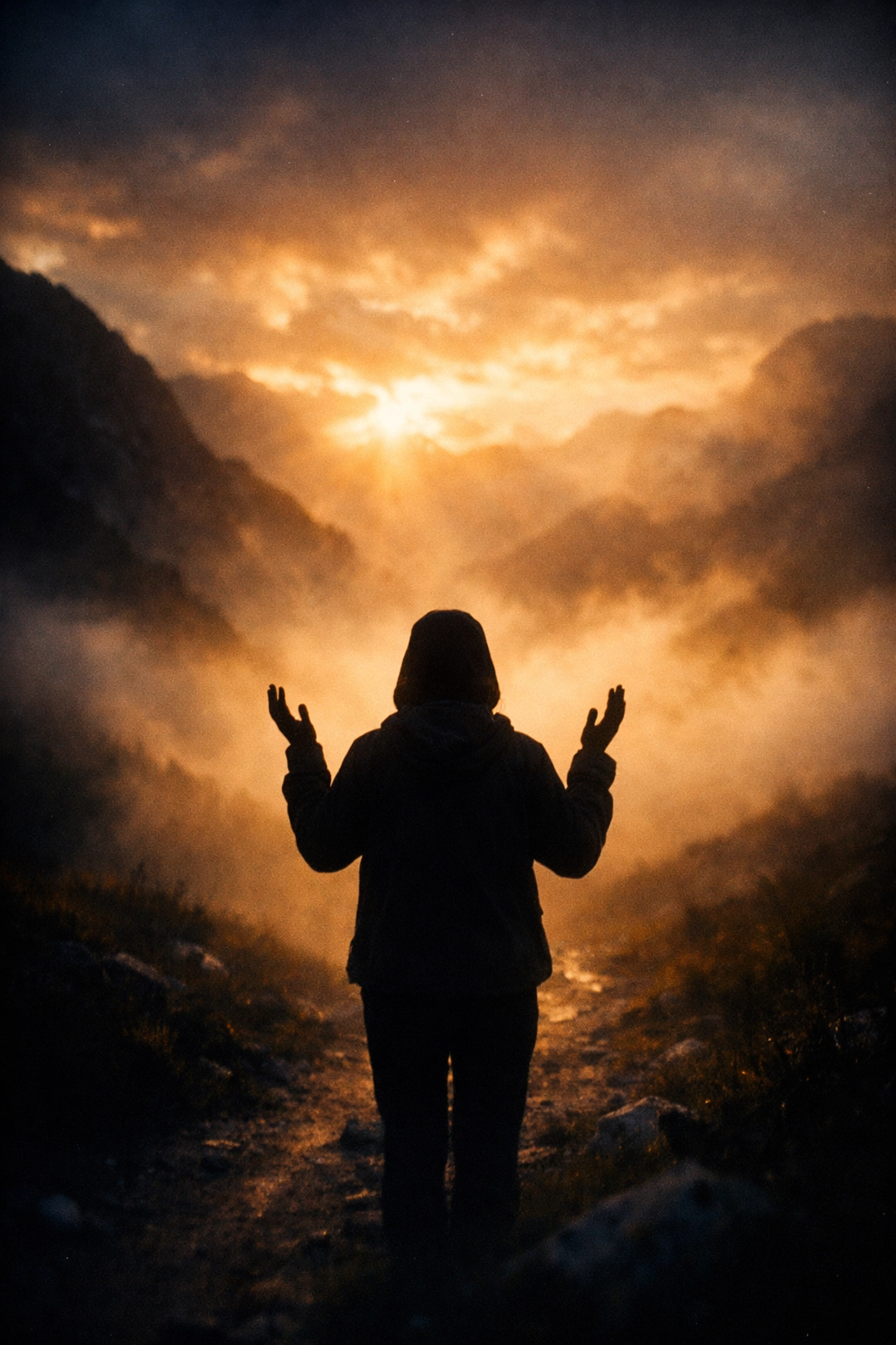 Person surrendering to God on mountain path at sunrise, finding purpose through faith in Jesus