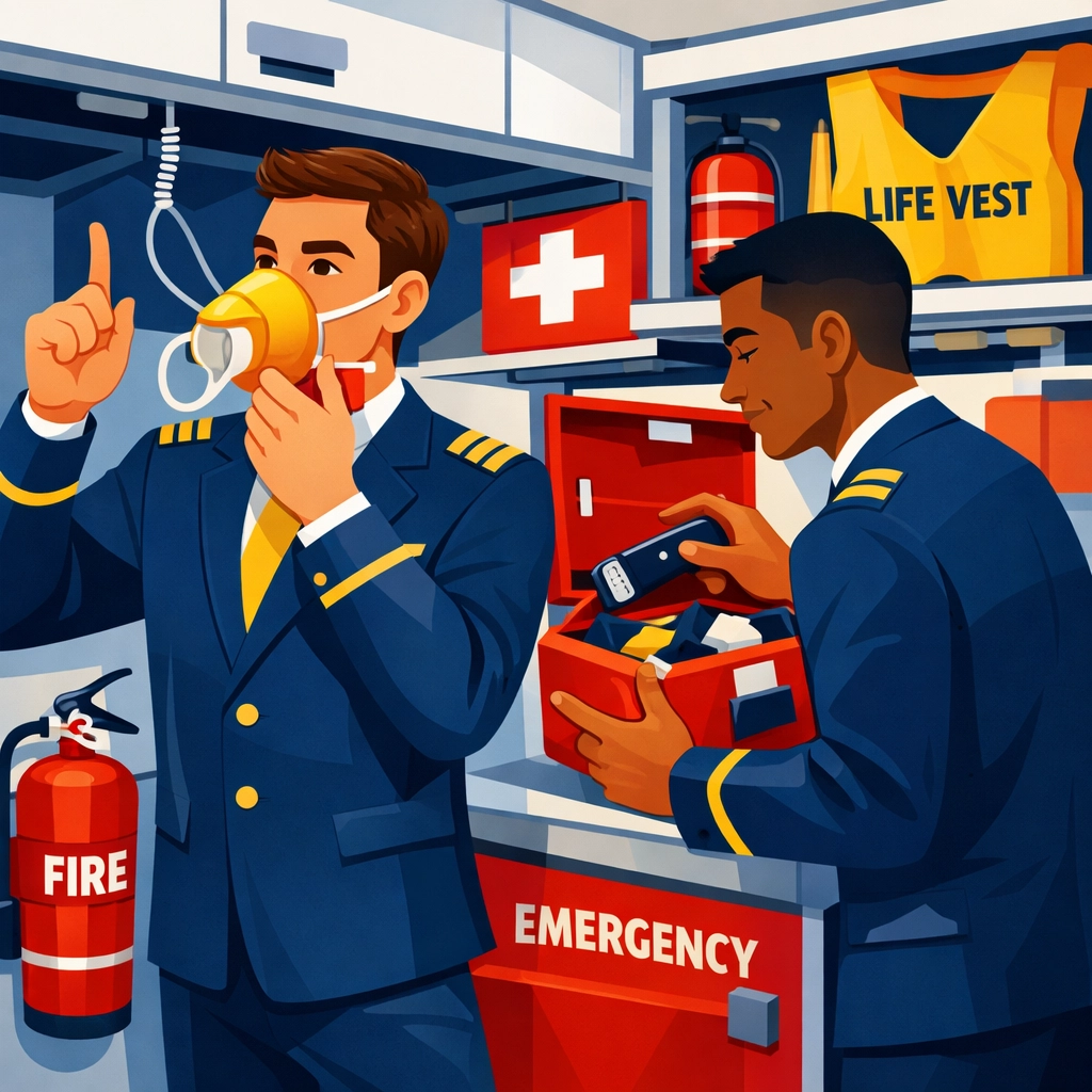 Flight attendants conducting safety drill and emergency training in airplane galley