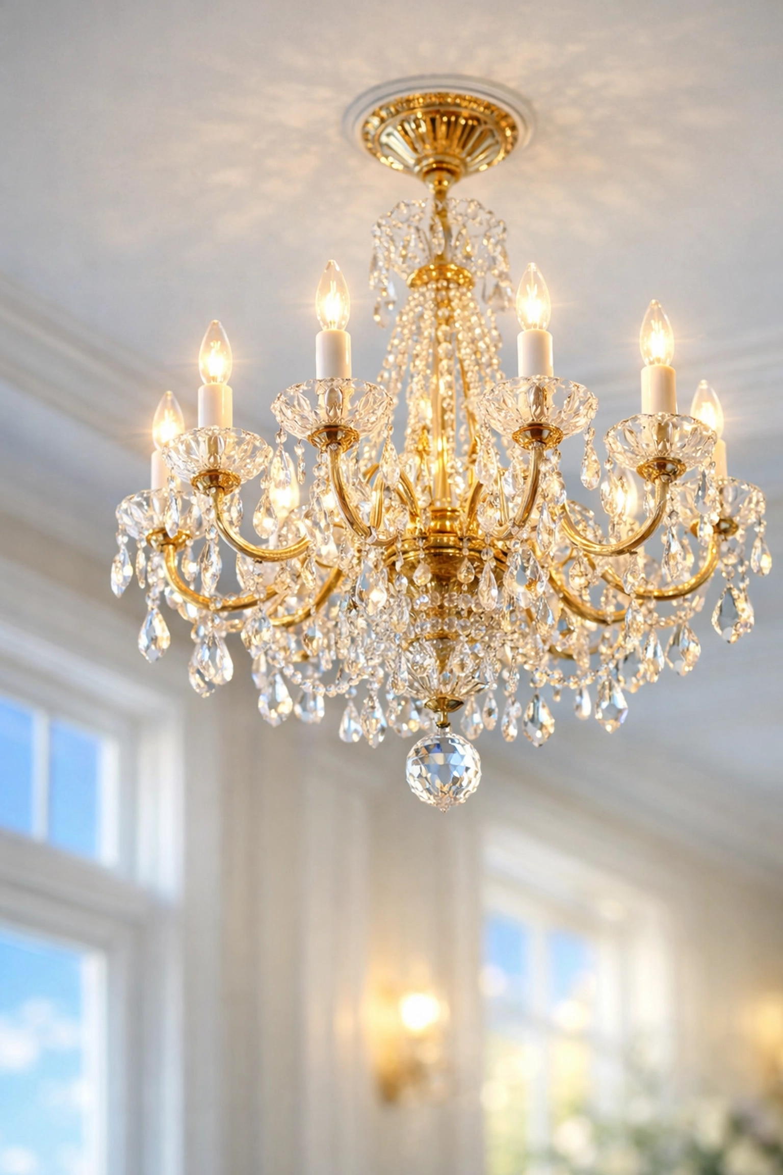 Dust-free sparkling chandelier and pristine ceiling reflecting high-quality residential cleaning results.