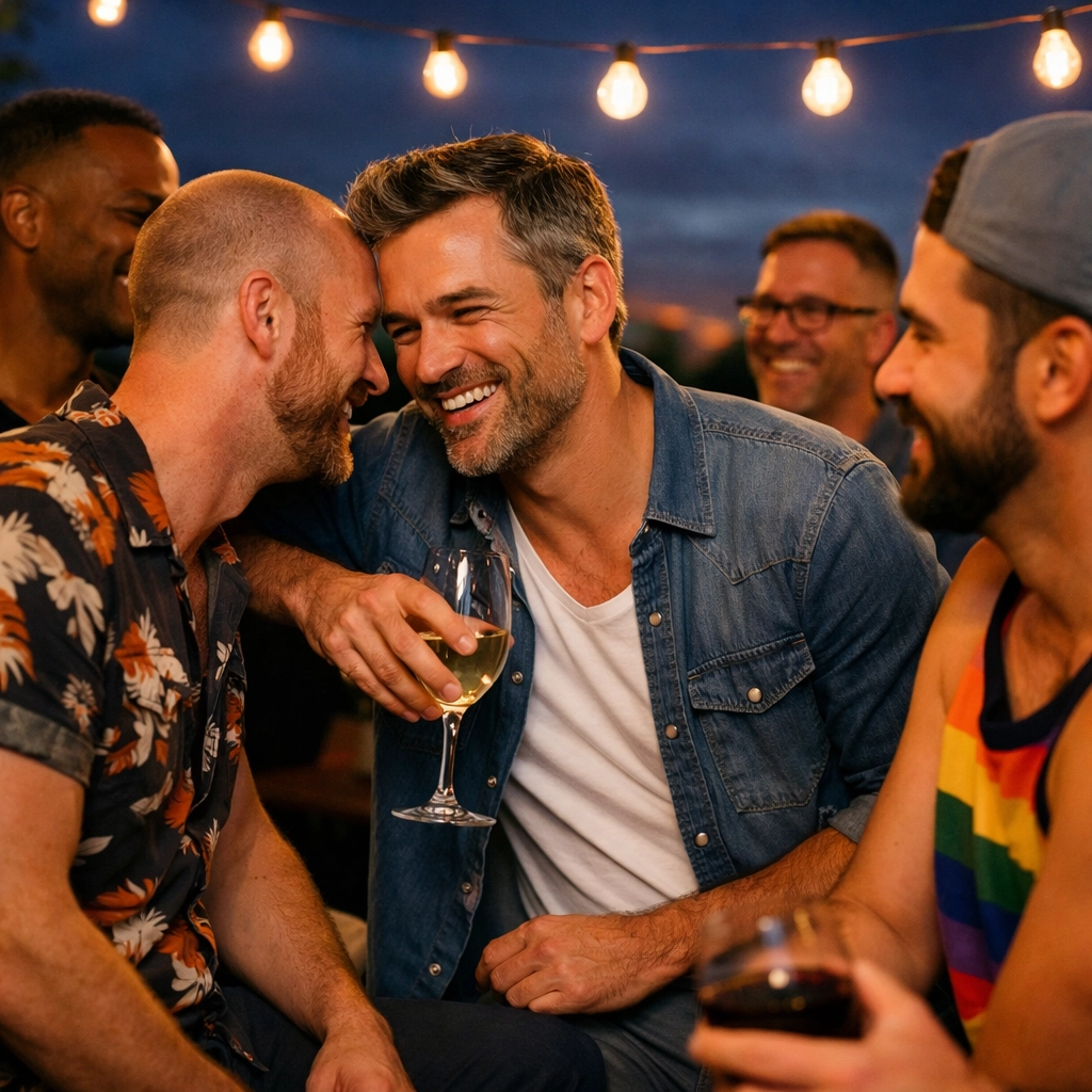 Older gay men enjoying a community gathering, highlighting life after a mid-life awakening.