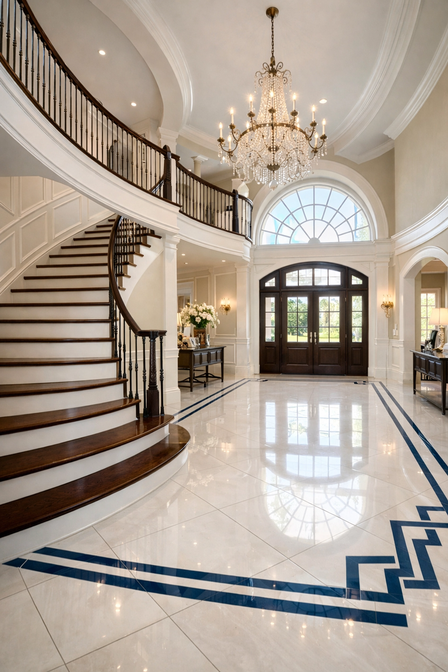 Pristine grand foyer with polished tiles, a hallmark of residential cleaning Massachusetts for large estates.
