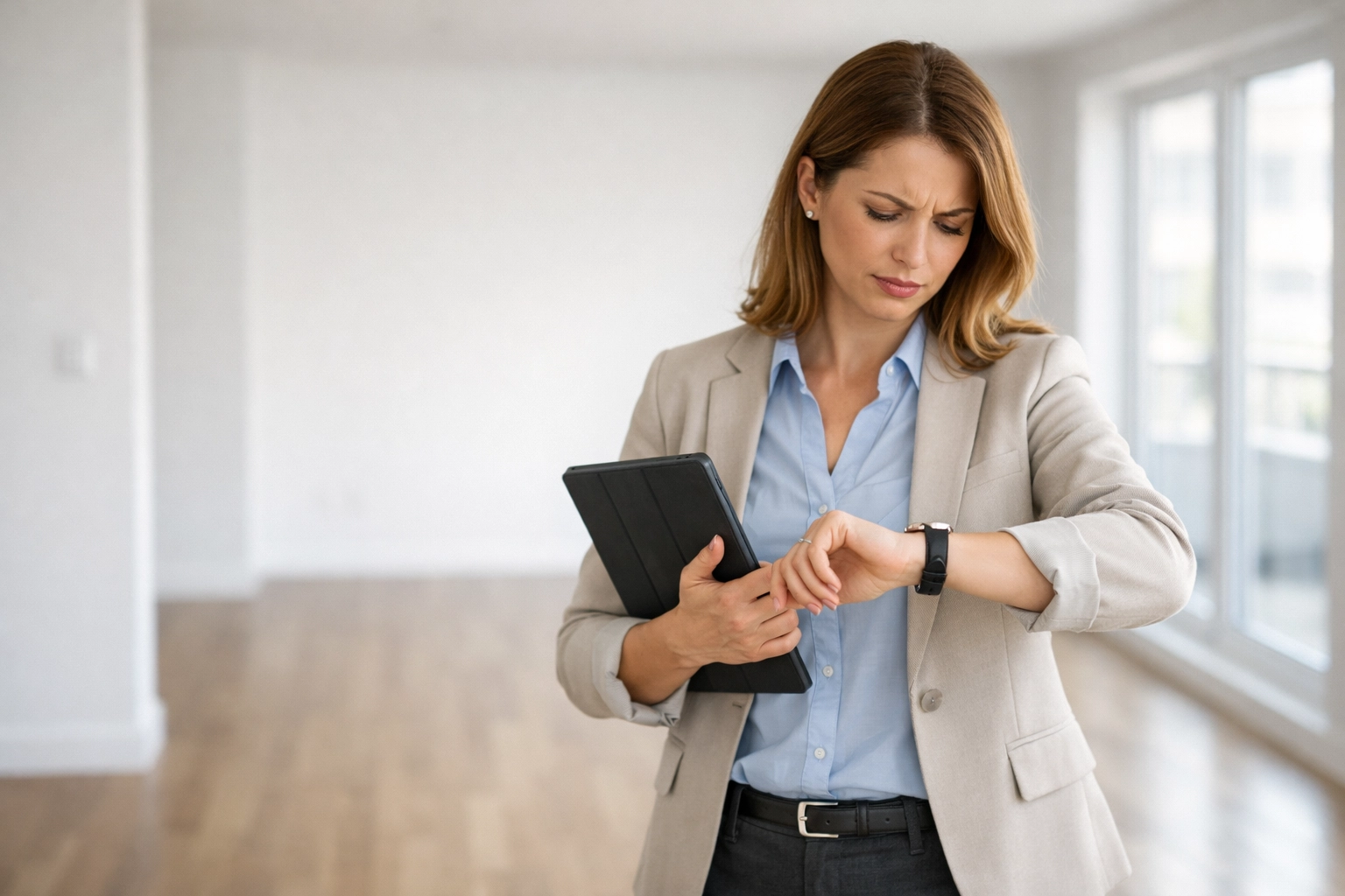 Property manager checking time in vacant apartment unit during turnover process