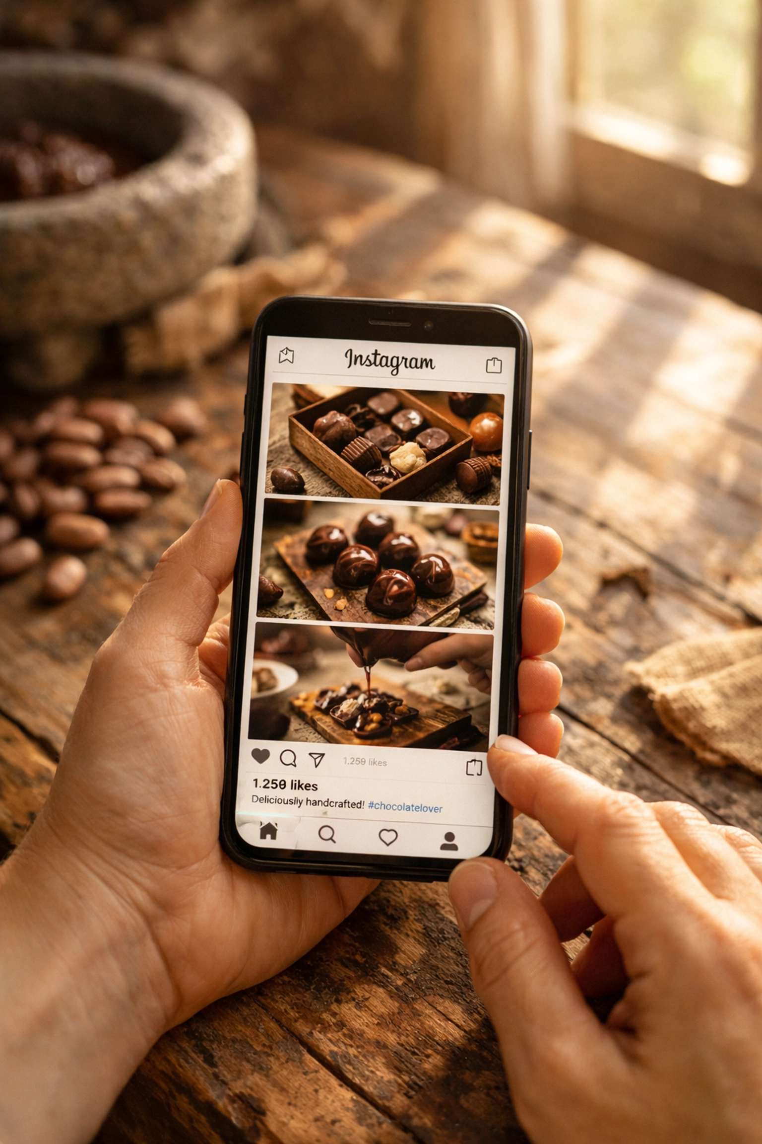 Artisan chocolate maker using Instagram to showcase handcrafted creations in workshop