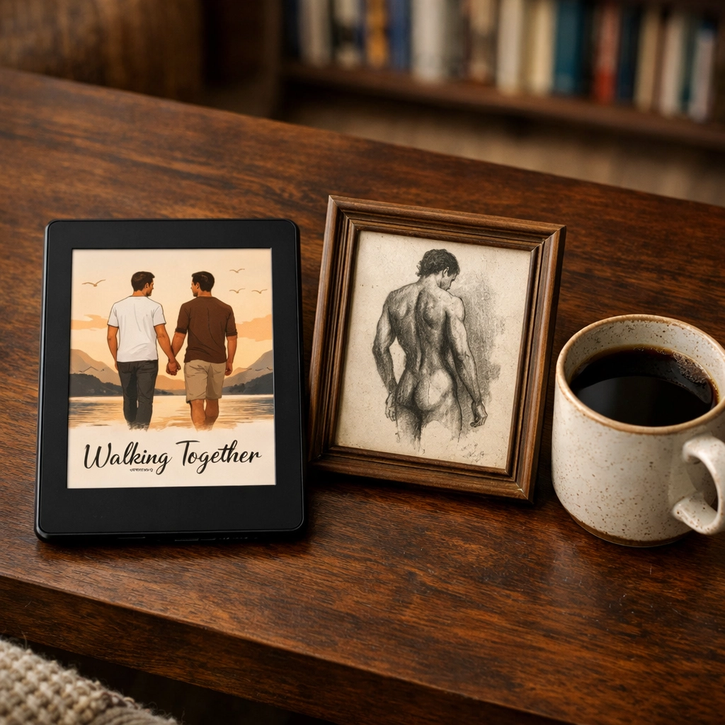 An e-reader showing an MM romance book cover next to a gay male nude art sketch on a coffee table.