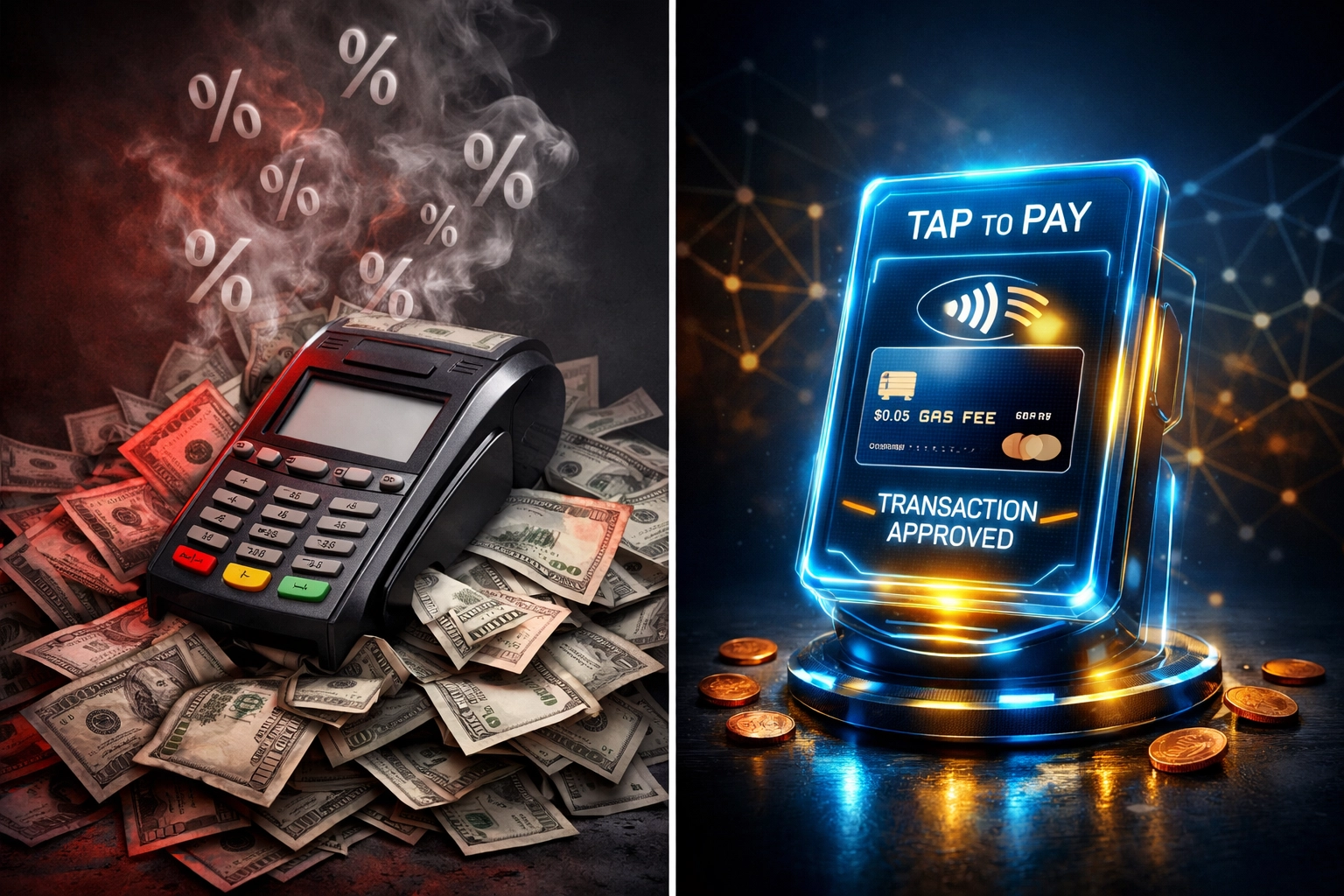 Traditional payment terminal with high percentage fees vs Larecoin's gas-only Web3 payment system