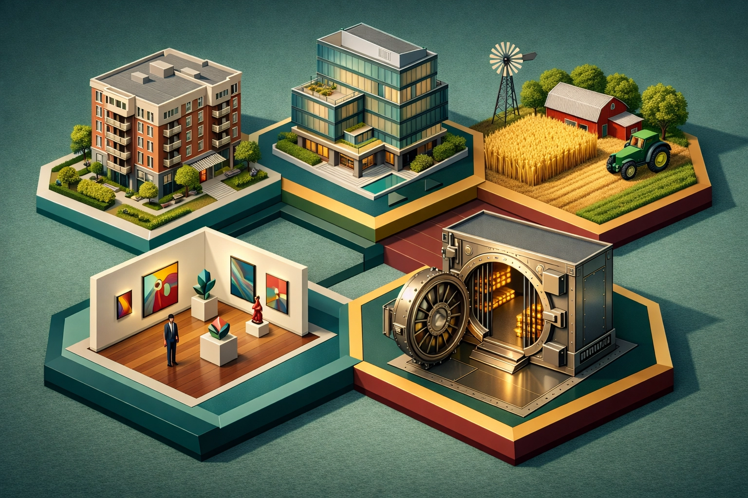 Various alternative investment types including real estate, private equity, farmland, and art