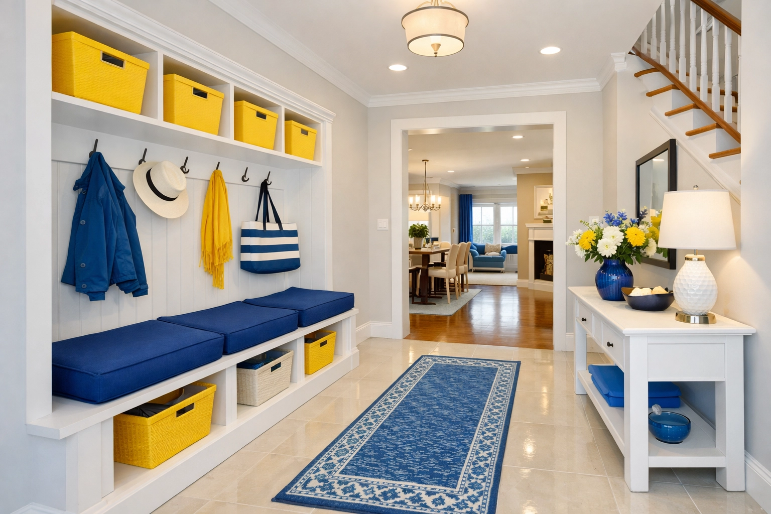 Clean and bright entryway of a MetroWest home featuring organized storage and freshly mopped floors.