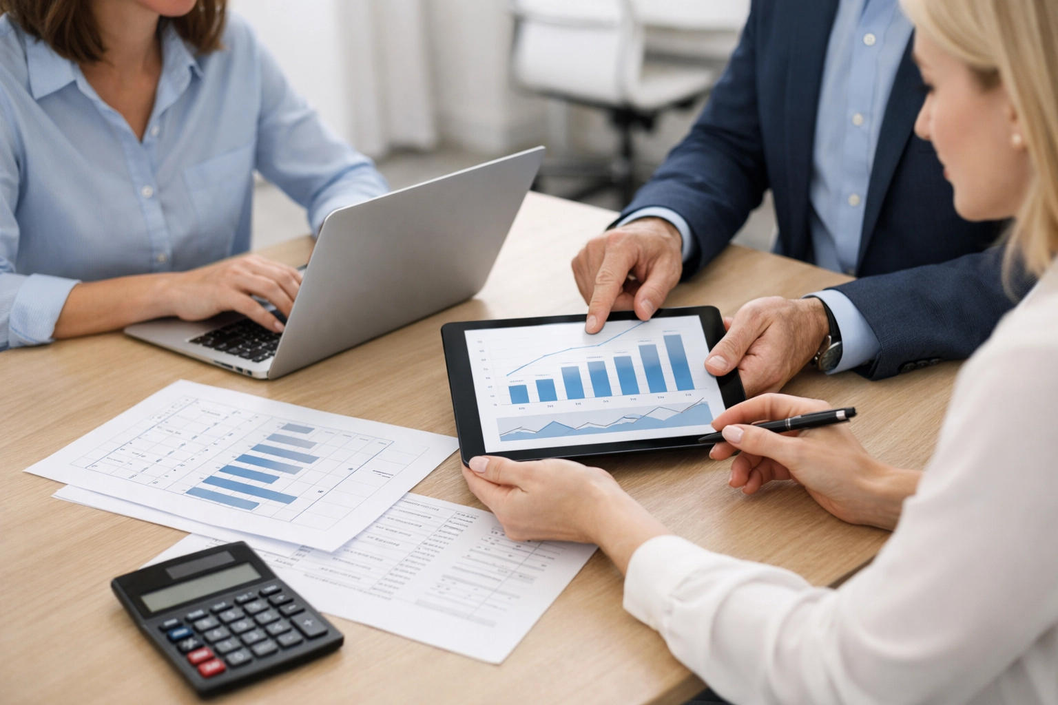 Professional tax team analyzing revenue growth and scaling strategies for a tax service bureau.