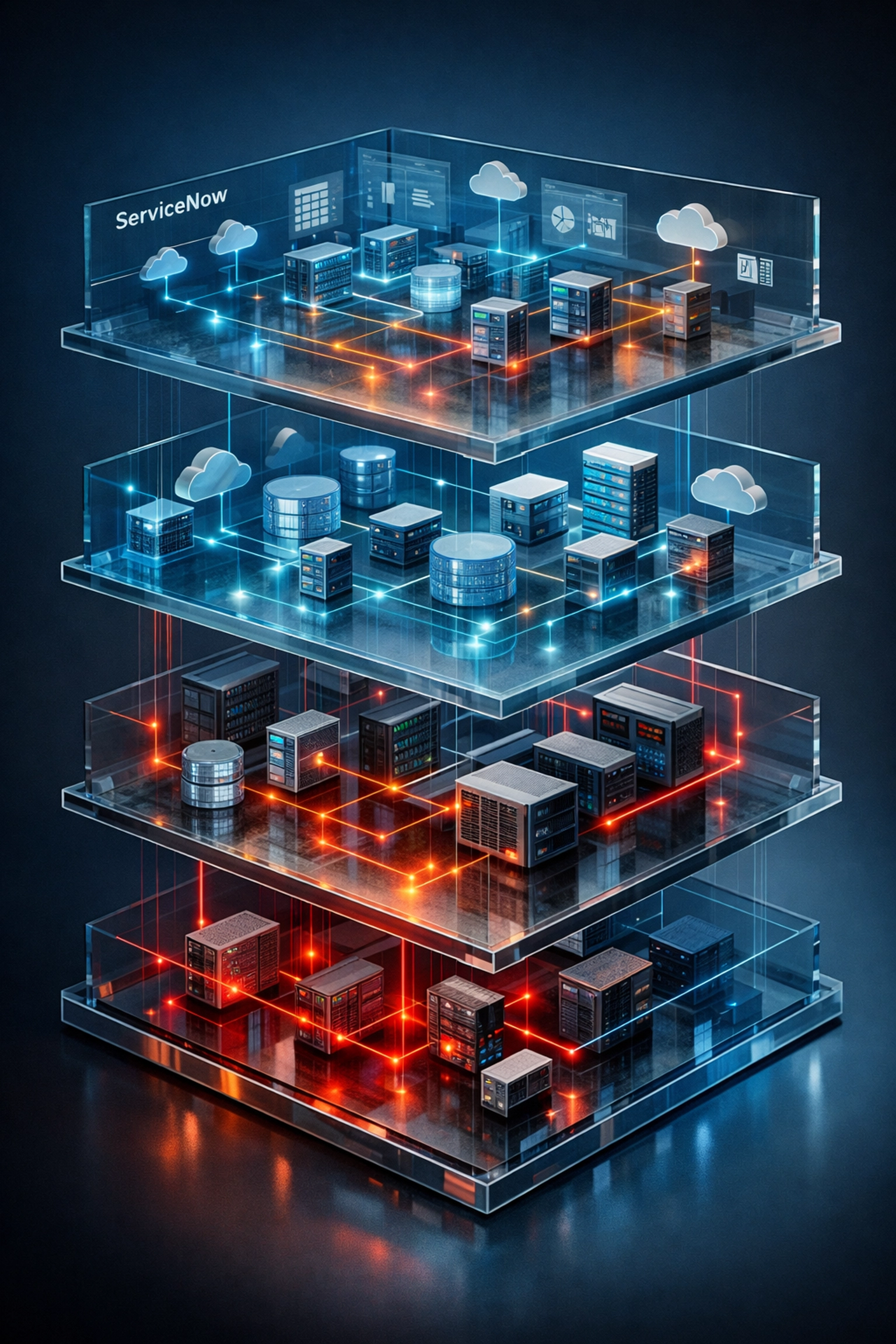 ServiceNow ITOM infrastructure layers revealing hidden dependencies and configuration relationships