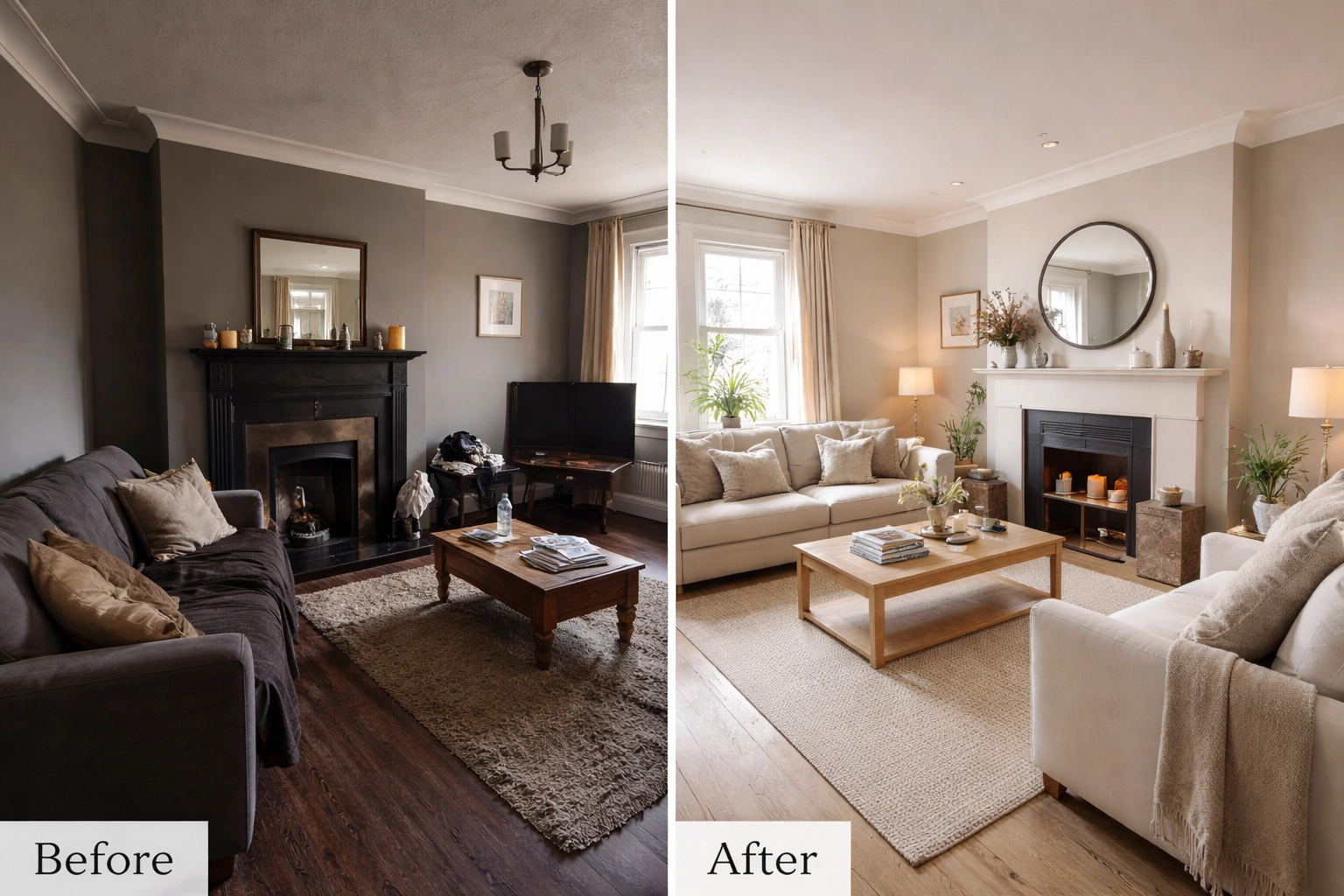 Split-screen Scottish living room before and after staging, highlighting benefits of professional property presentation
