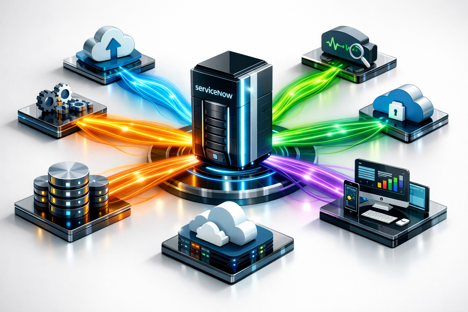 ServiceNow integration network connecting ITAM, cloud platforms, and monitoring tools