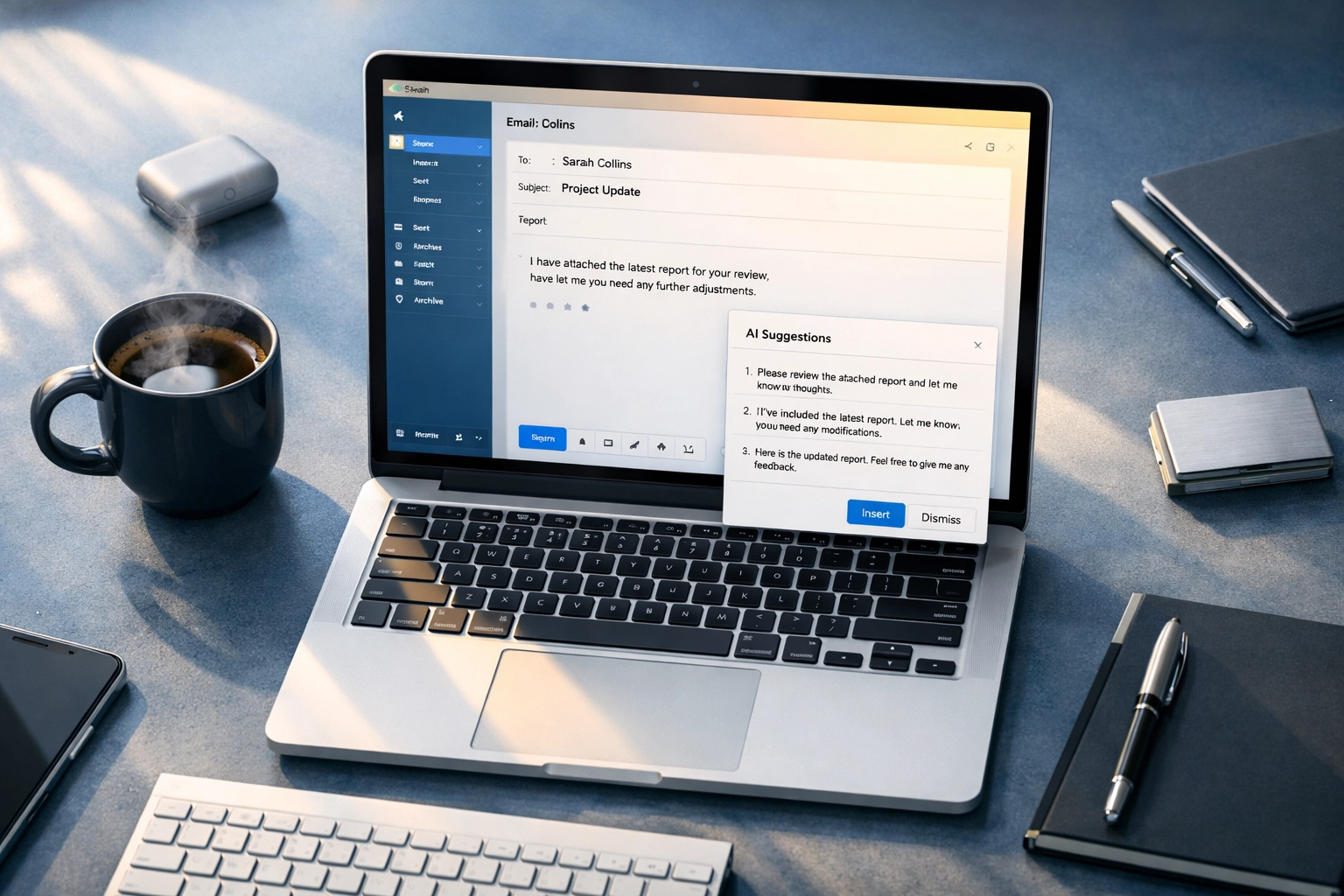 Microsoft 365 Copilot AI email assistant on laptop helping business executives automate inbox management
