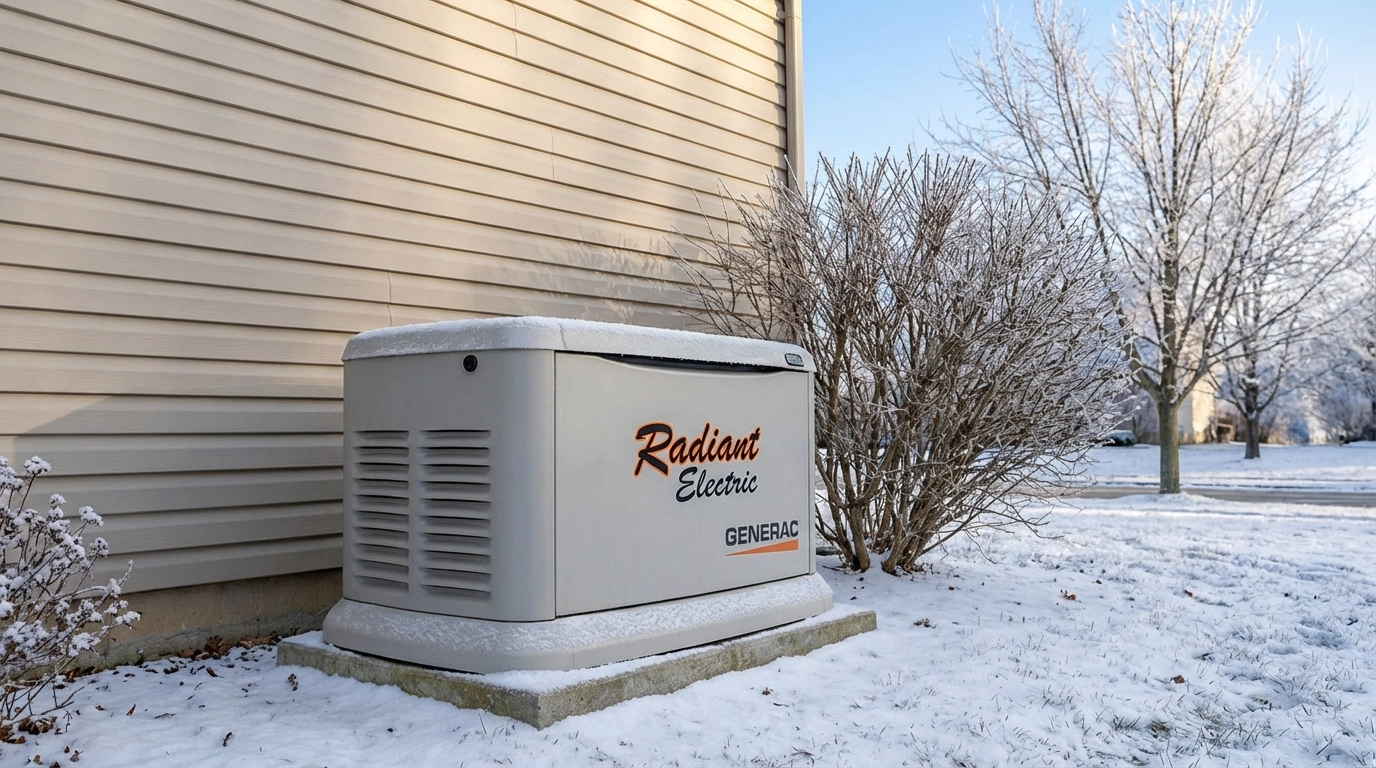 Whole house standby generator outside home in winter, emphasizing standby power solutions for Atlanta winter storm preparedness.