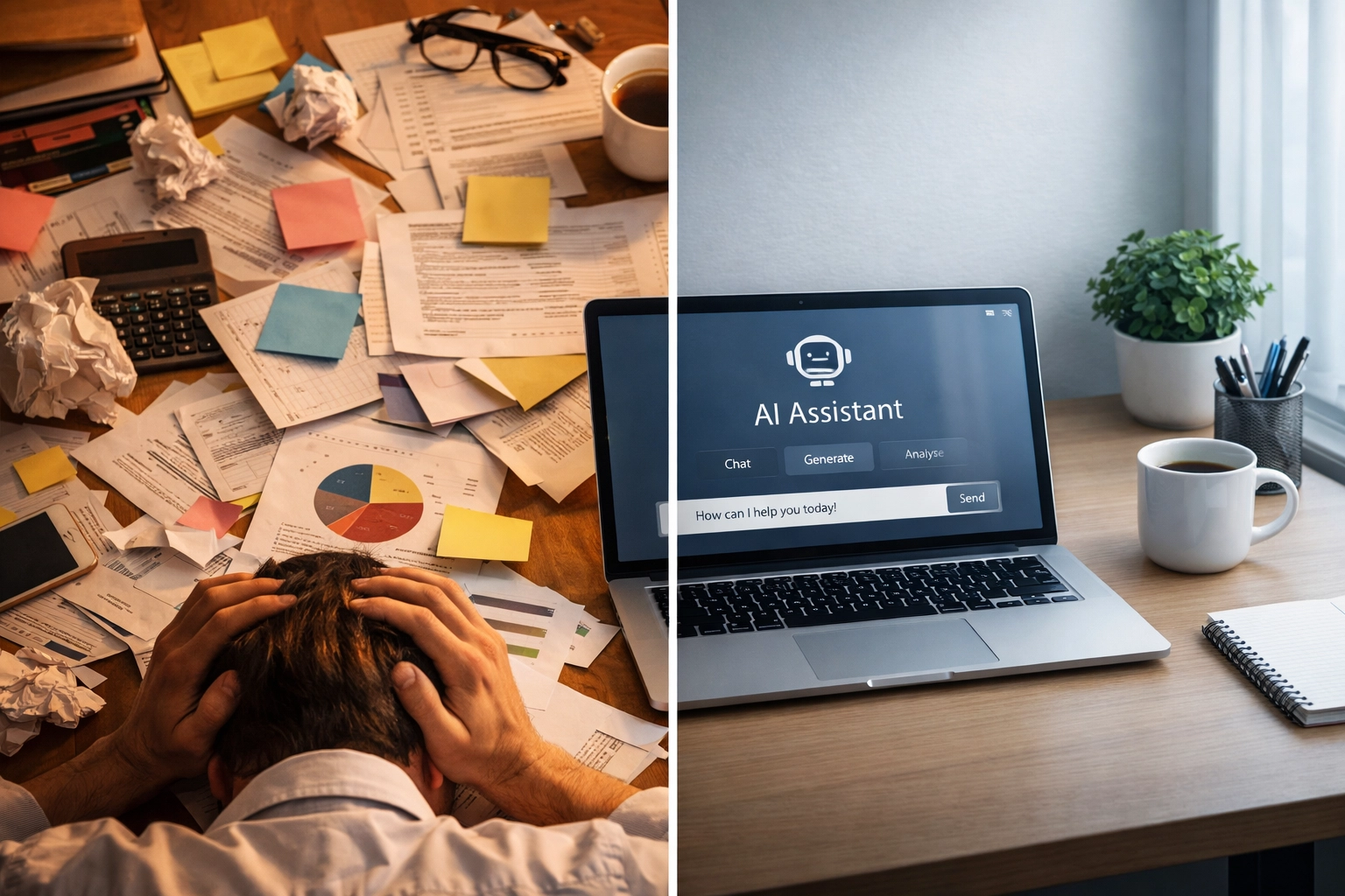 Hire an AI Instead of an Assistant for Your Side Hustle 2 Cluttered desk with papers versus organized workspace with AI automation laptop