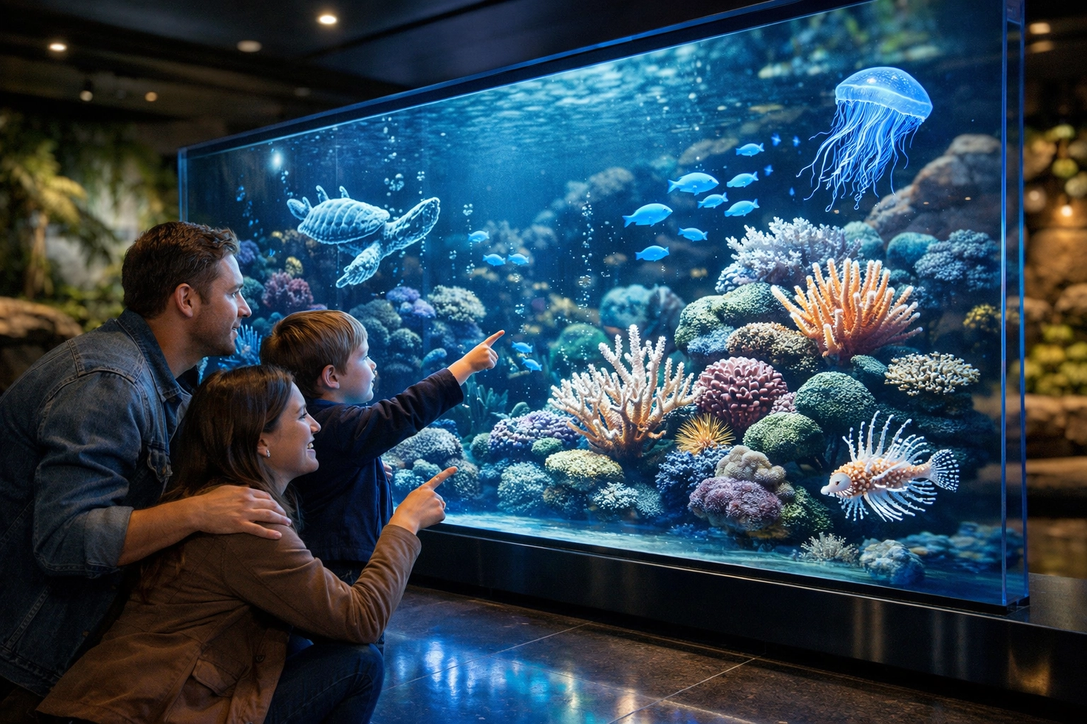 A family interacts with a large interactive digital display in a modern zoo exhibit.