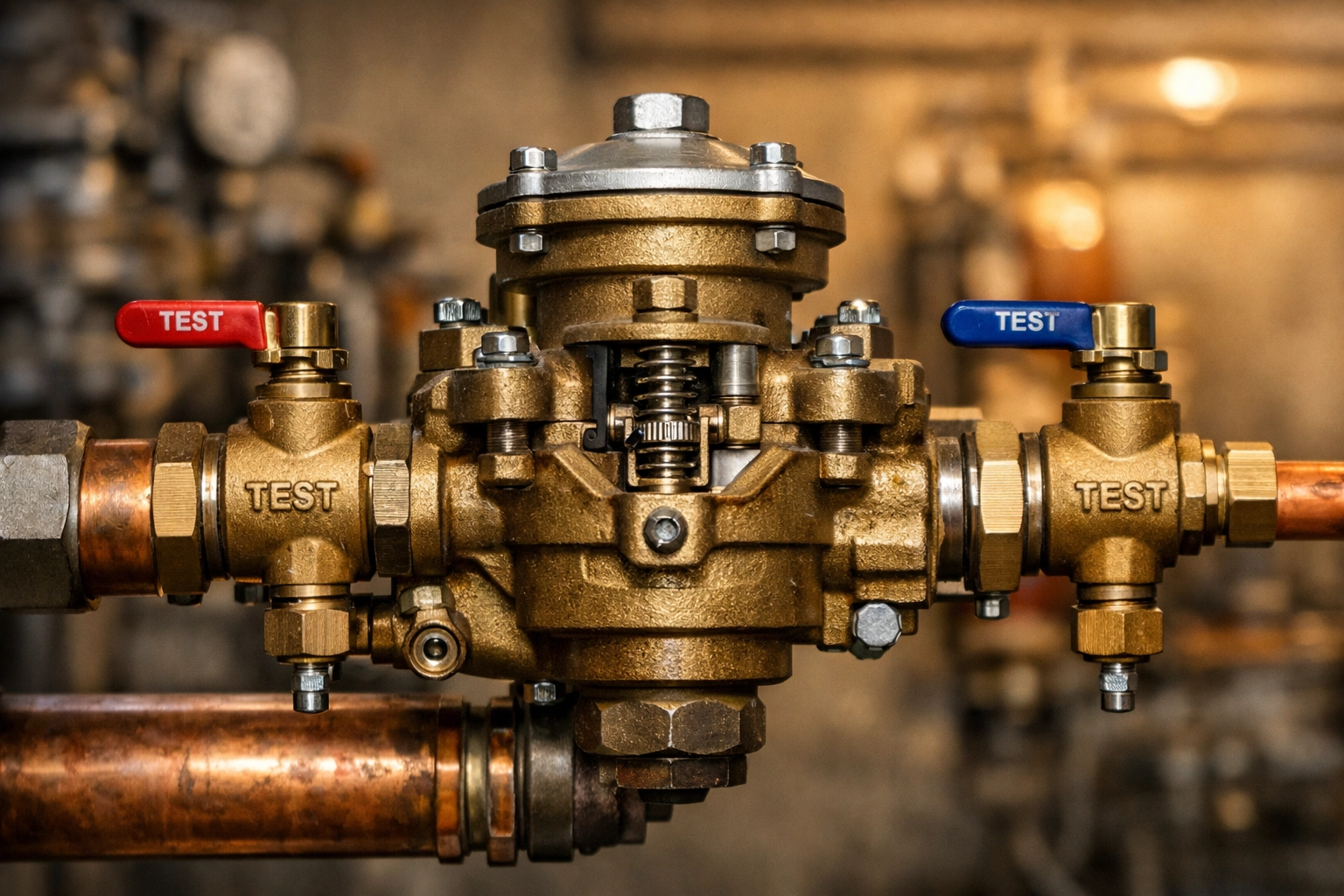 Close-up of a brass Reduced Pressure Zone (RPZ) backflow preventer installed on a commercial water line.