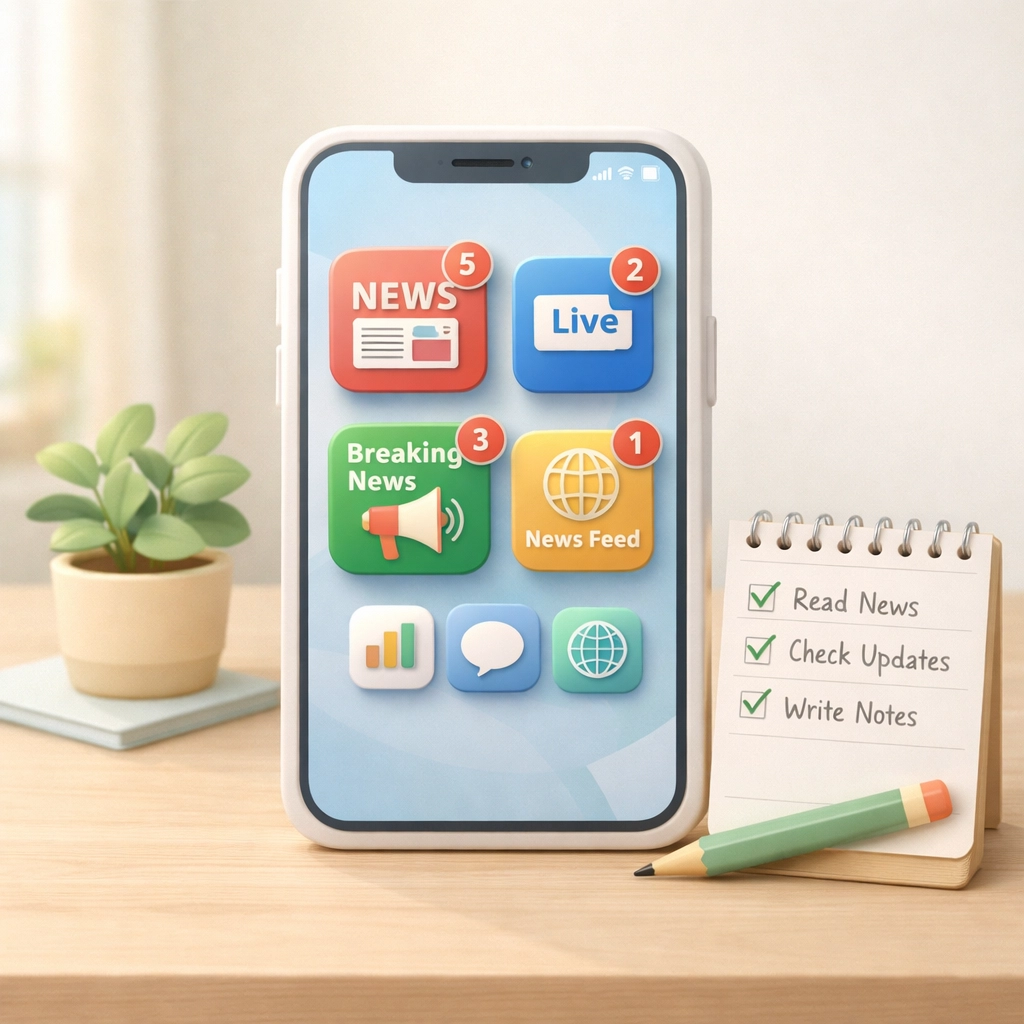 Organized approach to checking news sources with notepad checklist at midday