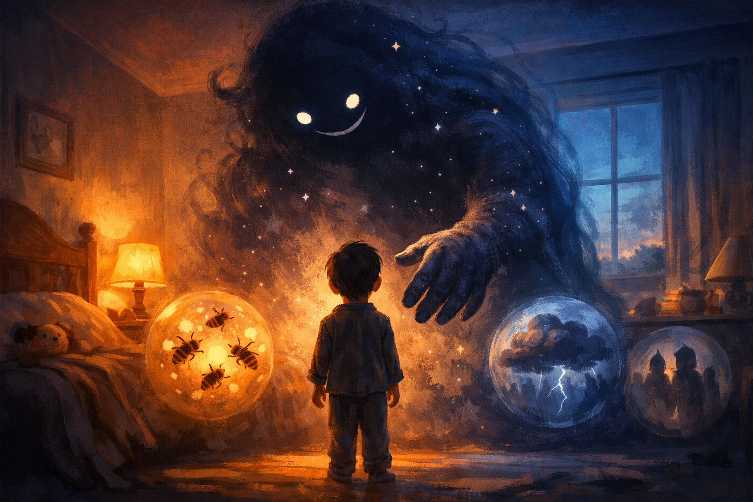 Anxious boy Orion meets personified Dark character in bedroom scene from Christian movie review