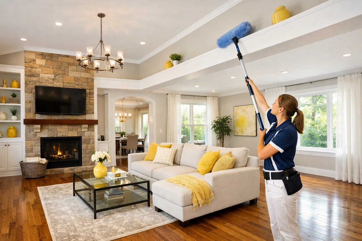 Expert house cleaning Pepperell MA professional dusting a high architectural ledge in a sun-drenched living room.