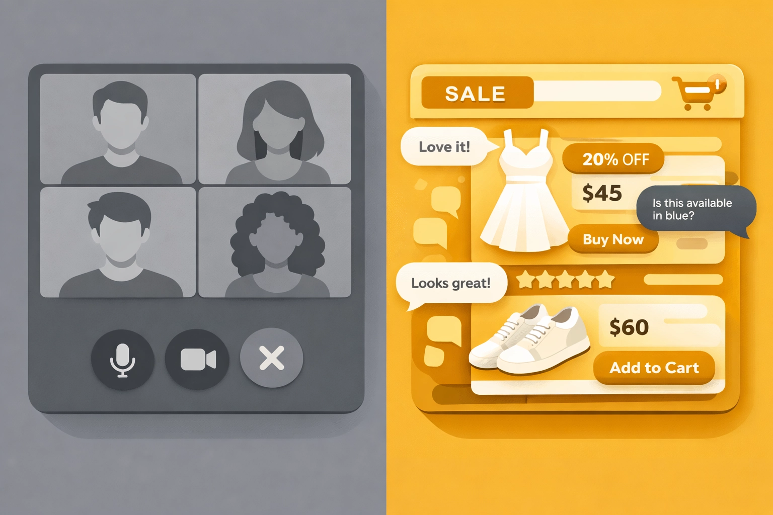 Comparison of traditional webinar platform versus interactive live shopping solution