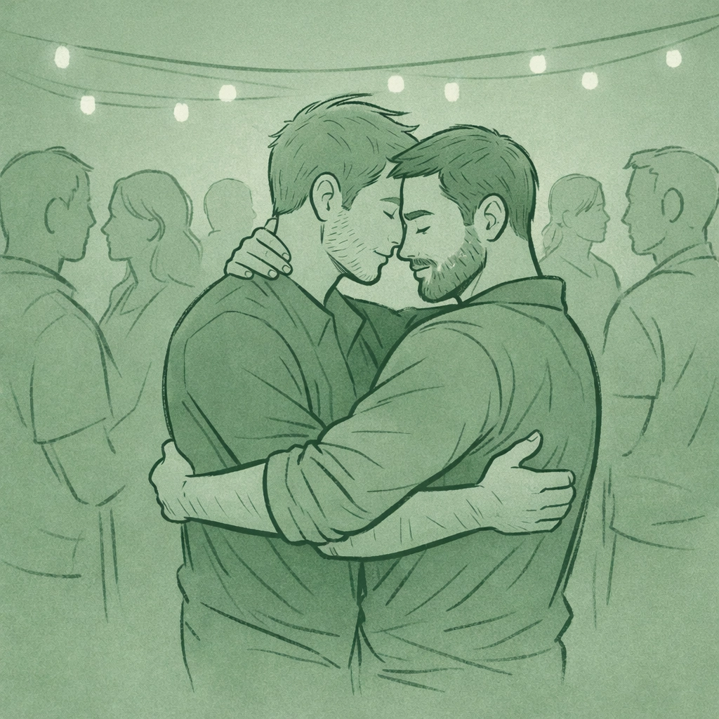 Two men embracing at gay community gathering showing collective belonging and connection