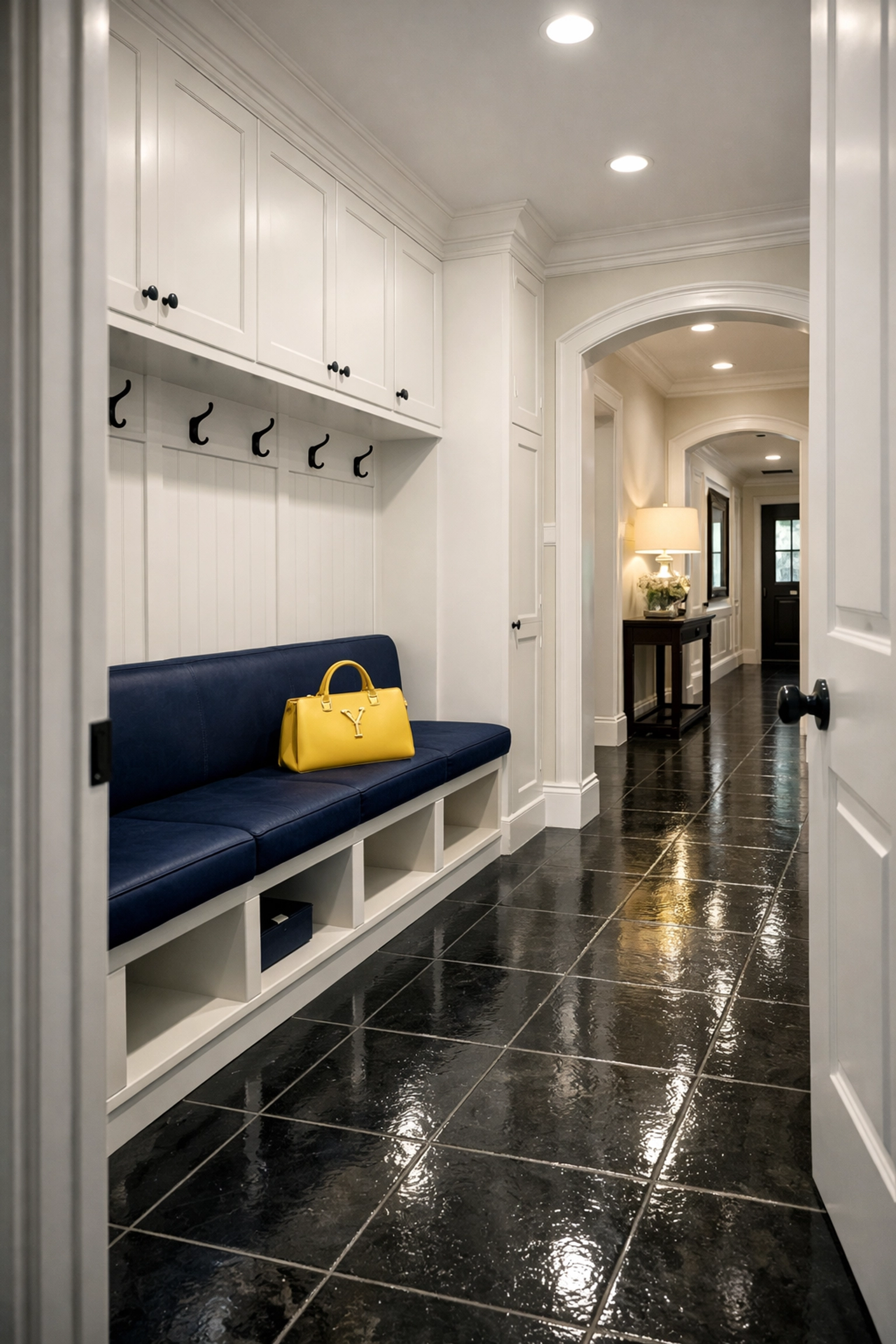 A perfectly cleaned and organized mudroom in a Wayland estate showing professional detail.