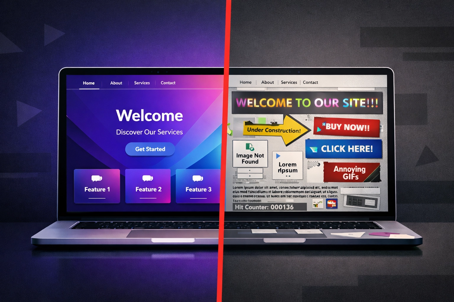 Side-by-side comparison of modern website design versus outdated website layout