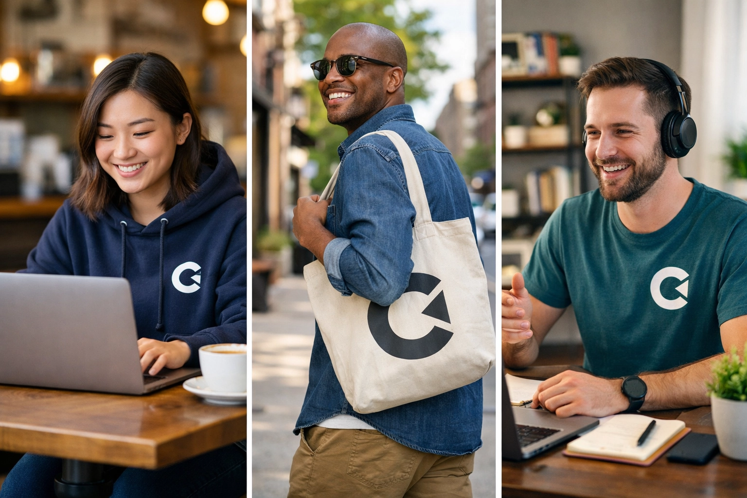 Employees wearing branded hoodies and t-shirts while working remotely and carrying tote bags