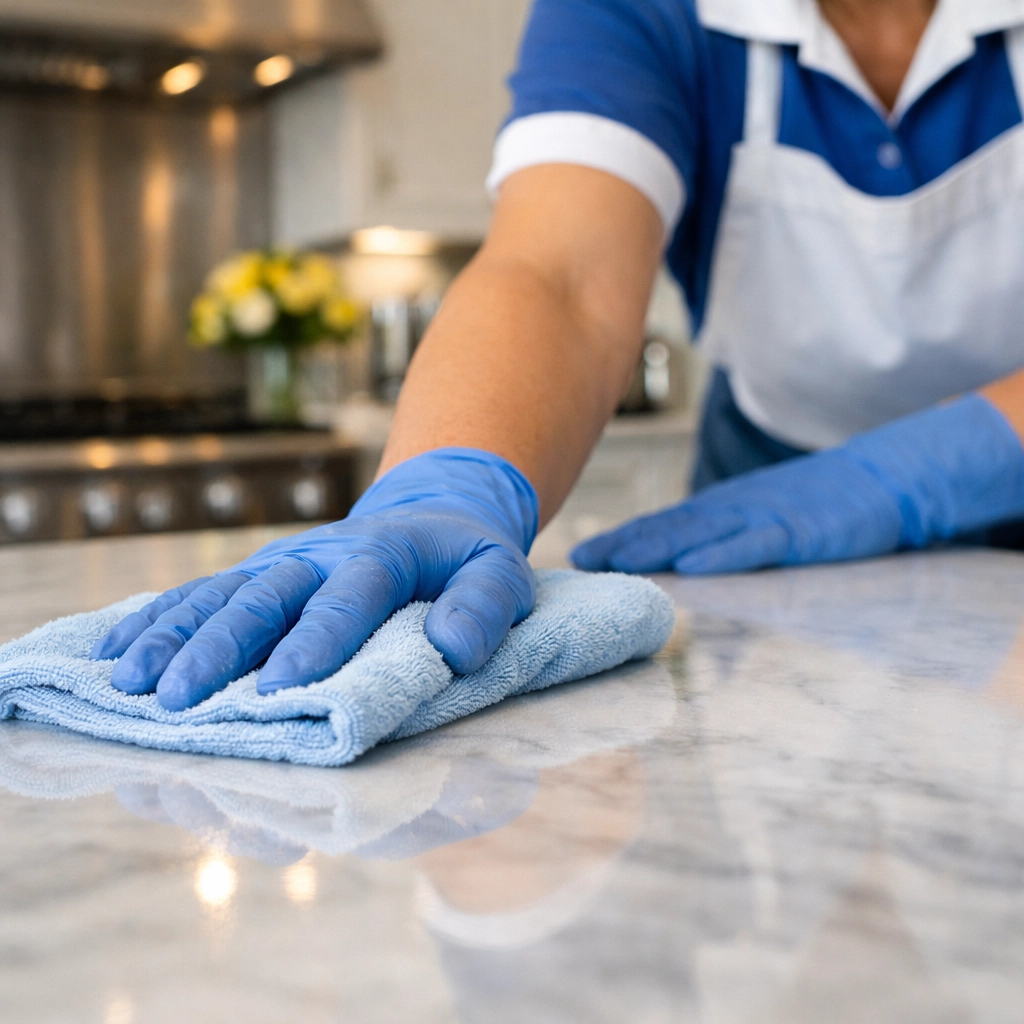 Professional house cleaners meticulously polishing a marble kitchen island with Ninja-level attention to detail.