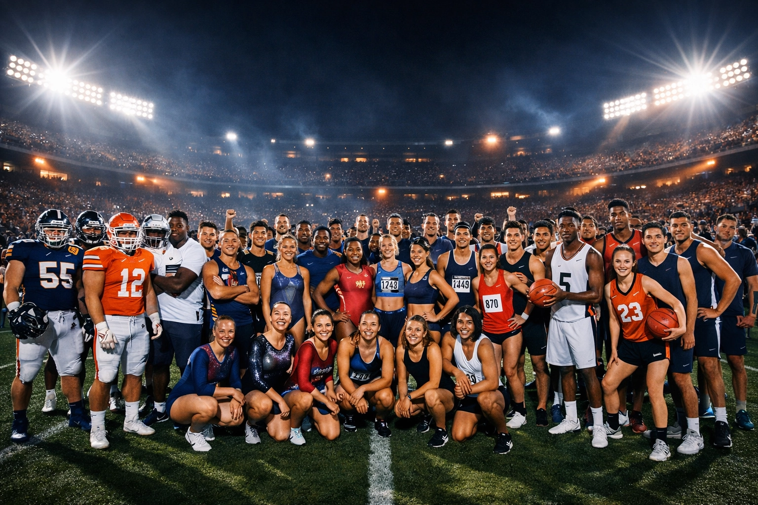 Group of student-athletes on a stadium turf symbolizing 20,000 athlete voices in NIL marketing.