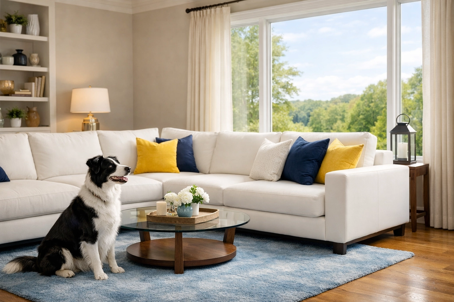 Clean white sectional sofa and happy pet in a bright, freshly cleaned living room in Fitchburg.