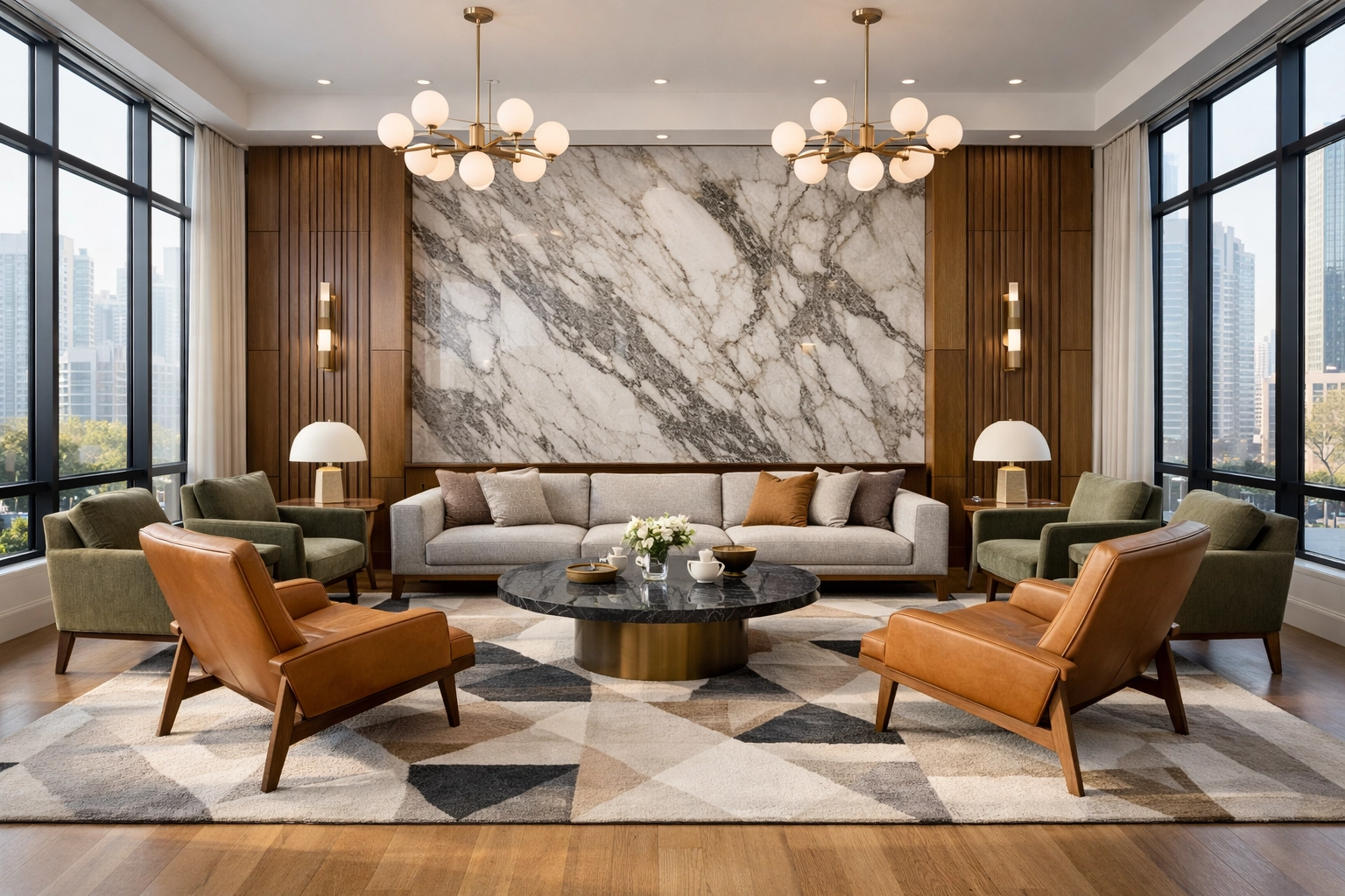 Spotless luxury multifamily building lounge in Indianapolis with clean rugs and modern decor.