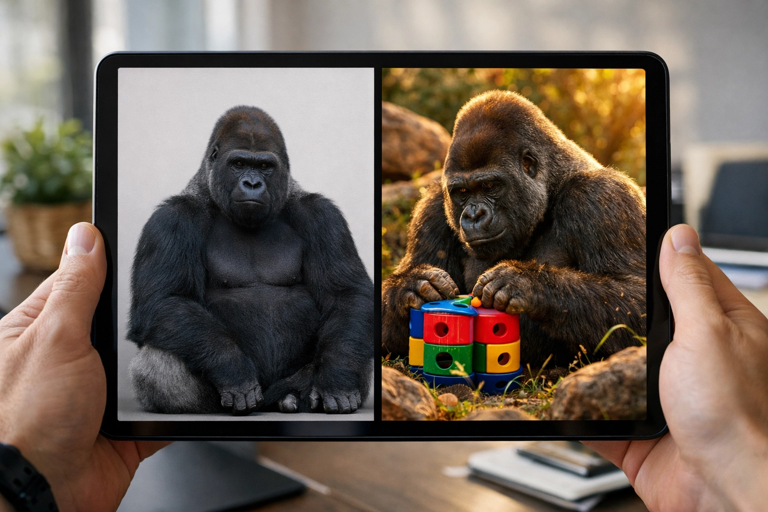 Side-by-side comparison showing generic gorilla stock photo versus authentic zoo photography