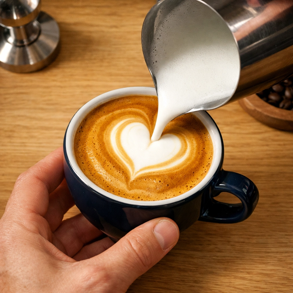 A professional barista pouring heart-shaped latte art to demonstrate skill and consistency.