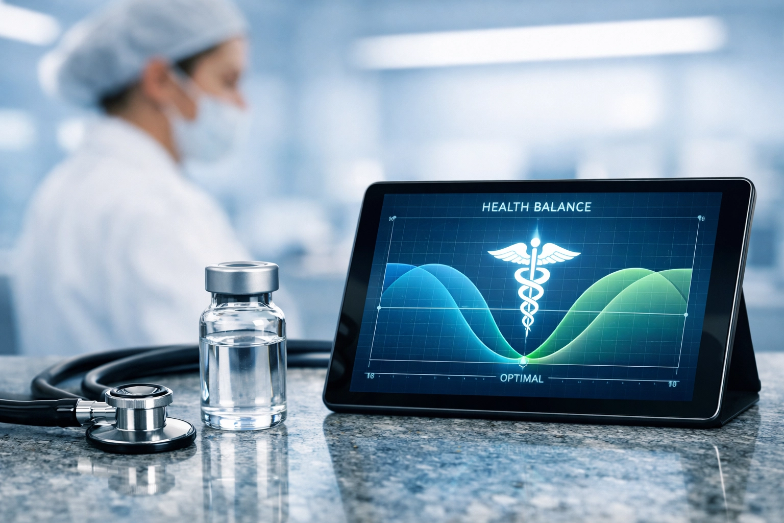 Pharmaceutical-grade peptide therapy vial with a stethoscope emphasizing medical oversight and safety.