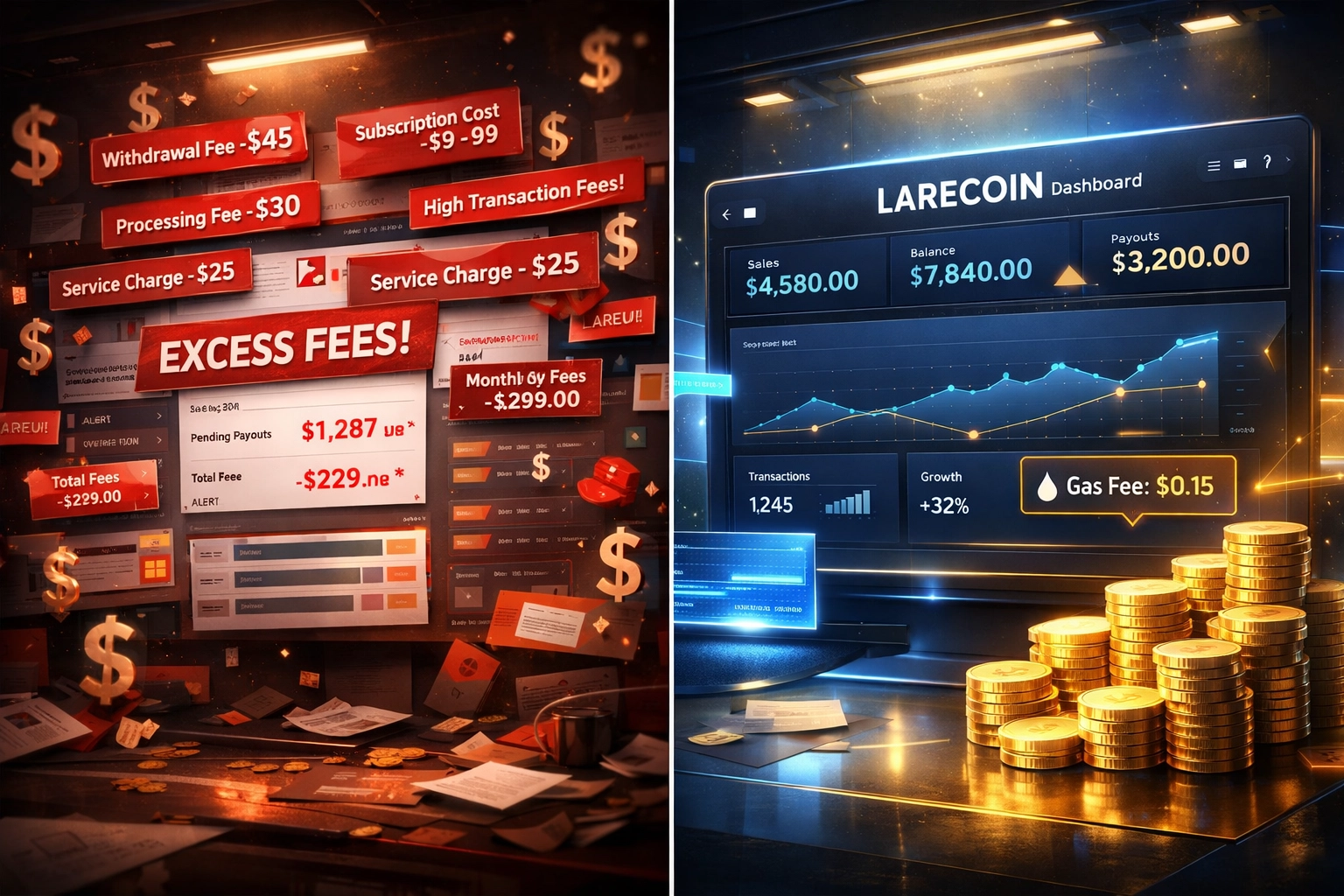 Crypto payment processor fee comparison showing traditional high fees versus Larecoin gas-only savings