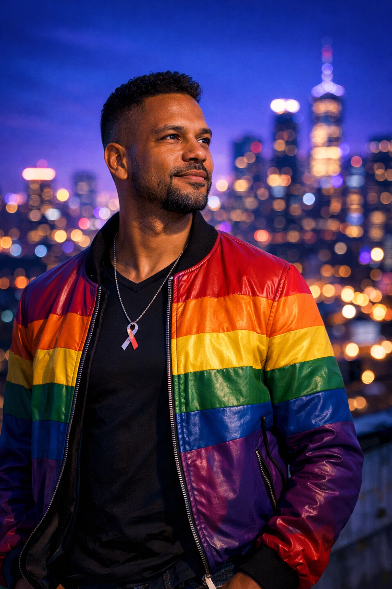A resilient man on a city rooftop representing the Dandelion generation of long-term survivors featured in MM fiction.