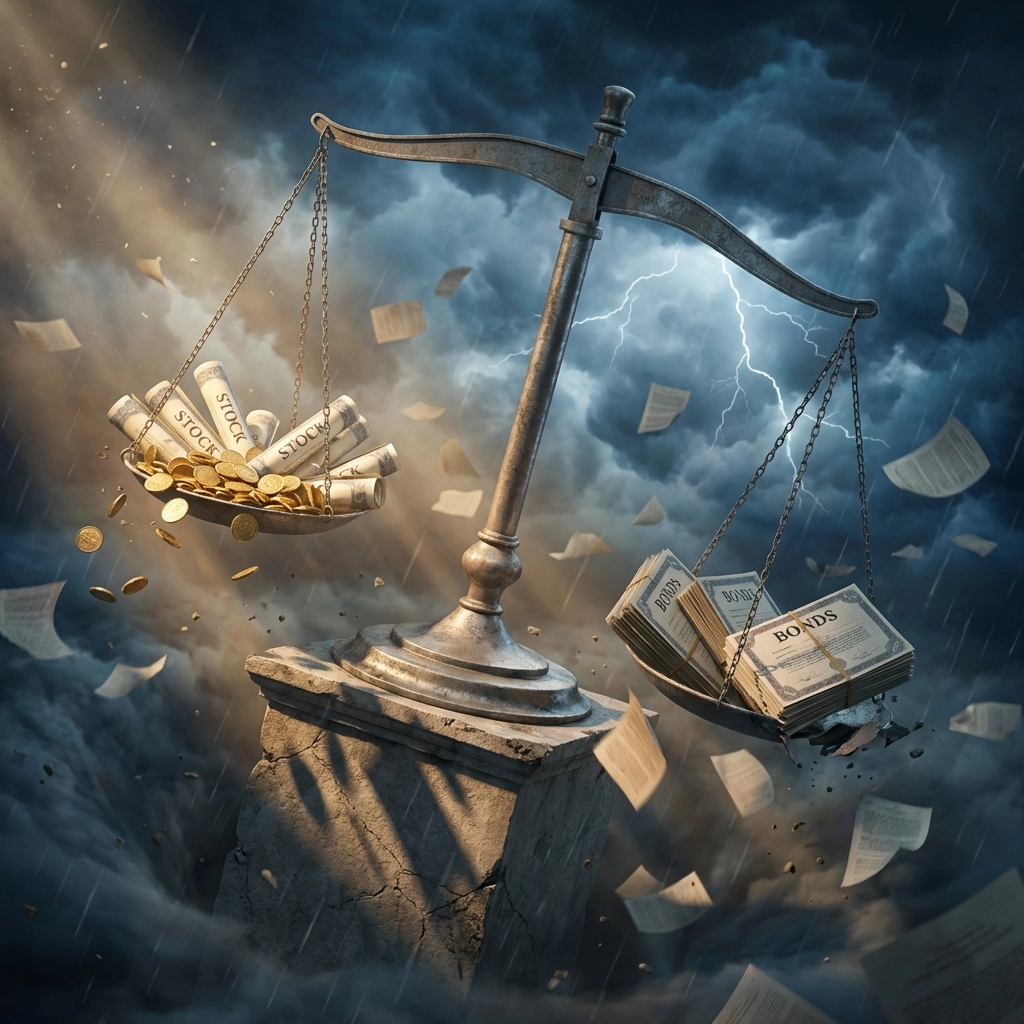 Illustration of a balance scale with stocks and bonds falling, symbolizing traditional diversification risks in volatile markets.