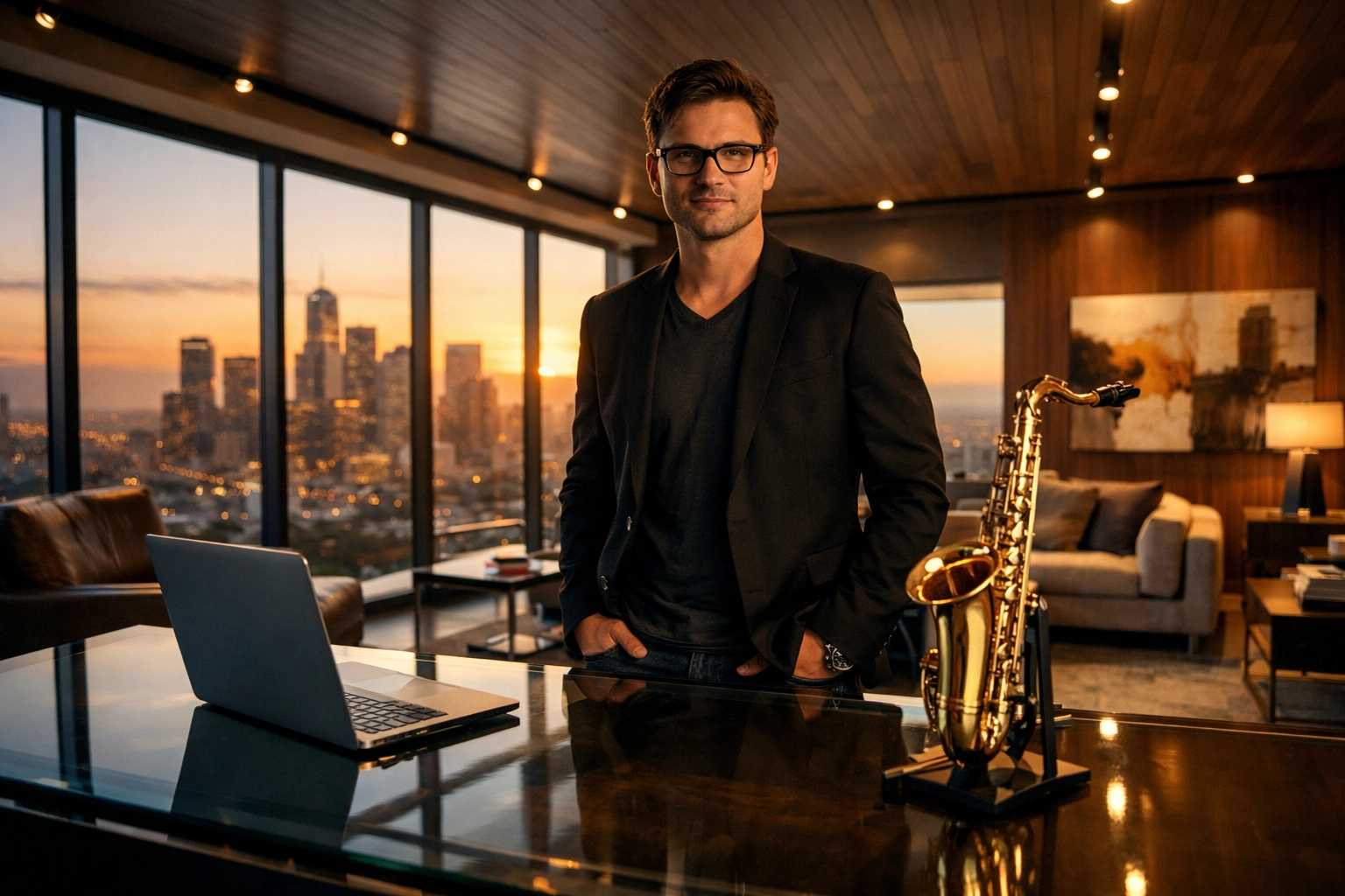 Professional musician transitioning to CEO with laptop and brass instrument in executive office