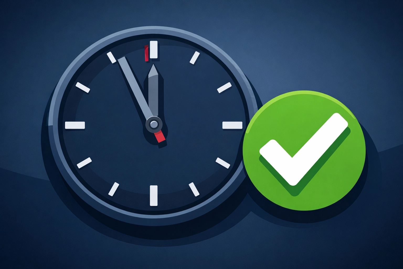 Clock and green checkmark representing a filed tax return before the April 15 deadline.