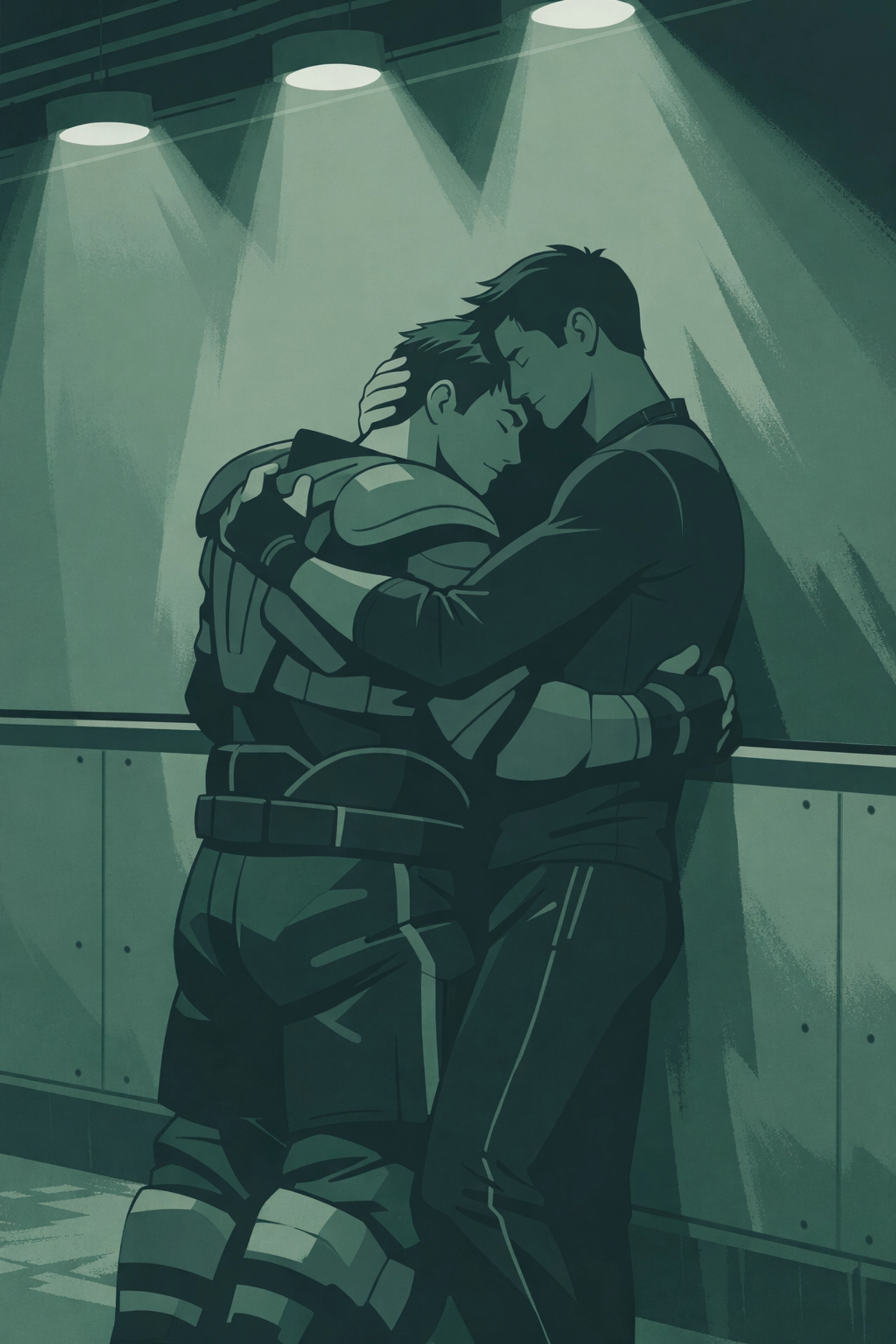 Hockey player embracing figure skater against rink boards in secret MM romance