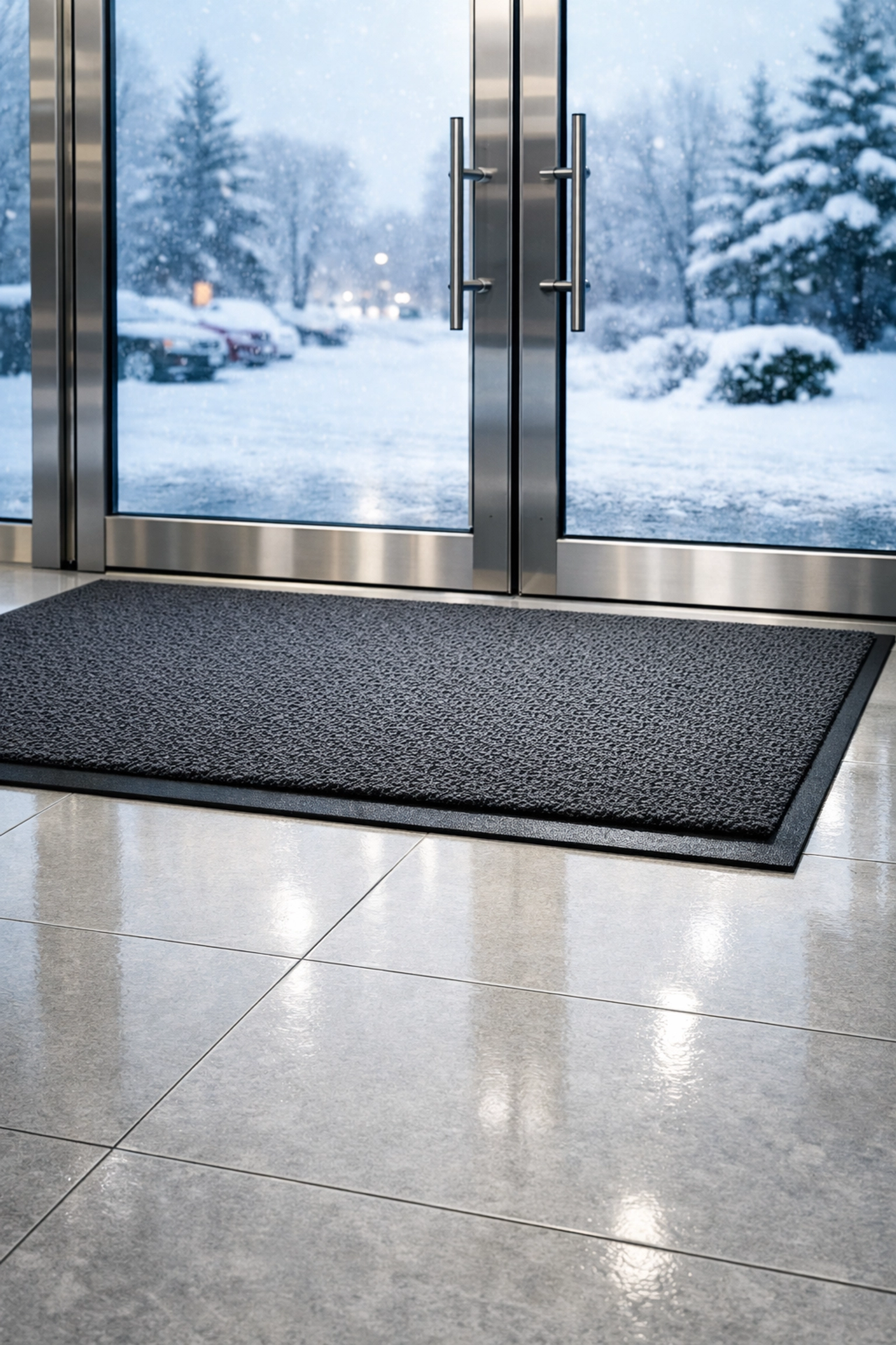 Clean Detroit apartment entryway floor and threshold free of winter salt and slush residue.