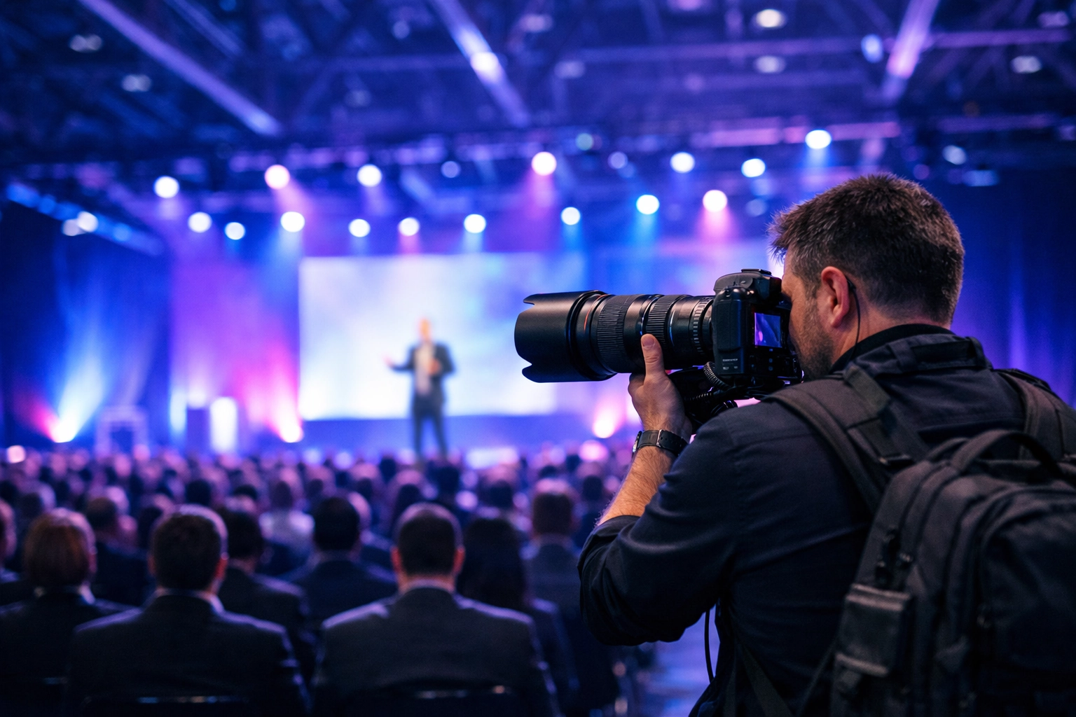 Corporate event photographer capturing a keynote speaker in a modern Chicago convention center.