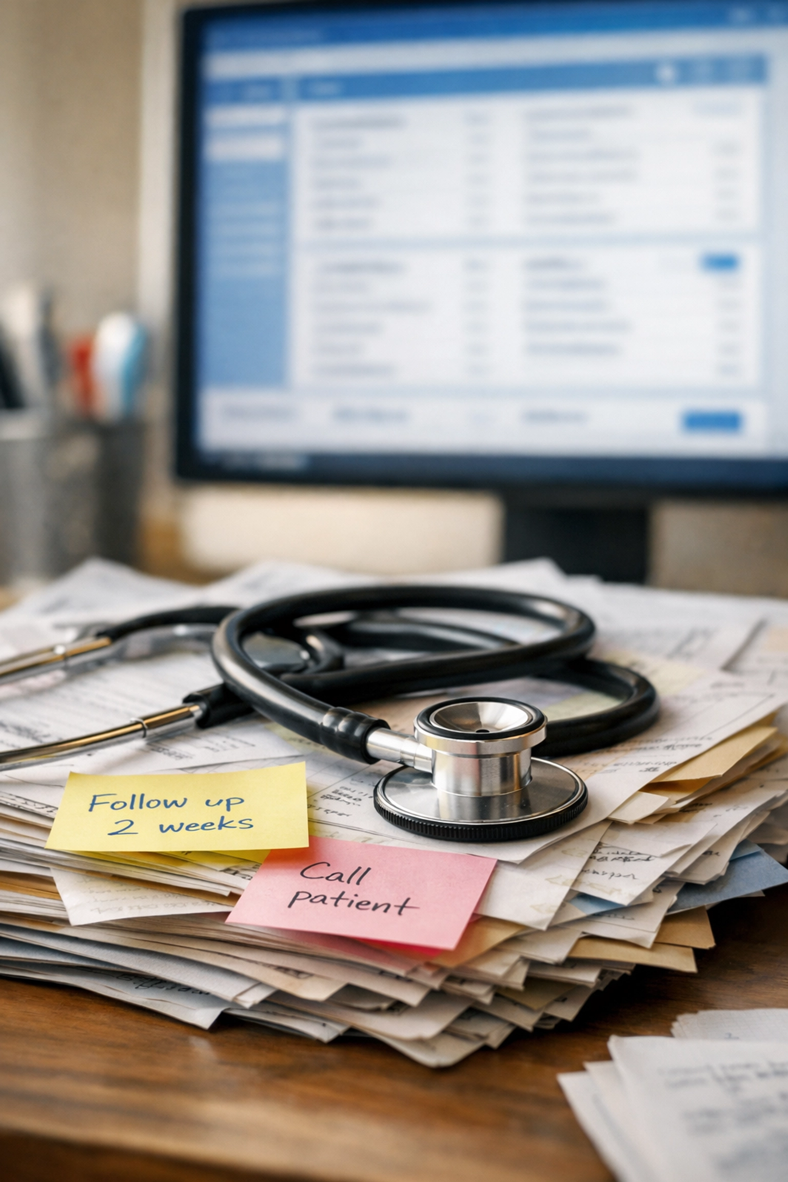 Stethoscope on handwritten medical charts contrasting with a digital revenue cycle management system.