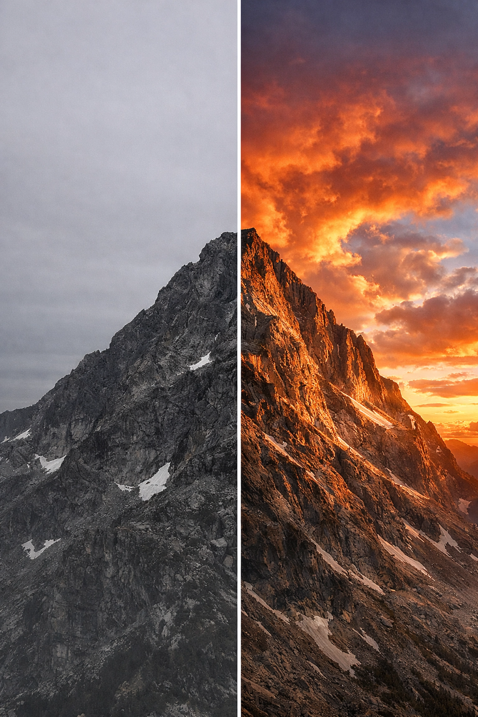 Before and after comparison of a landscape photo edited with Luminar AI software for enhanced sky colors.