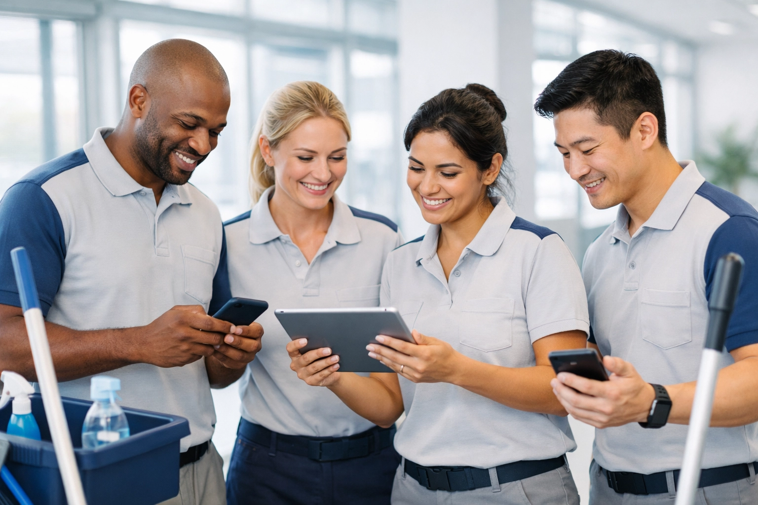 Janitorial team members using mobile technology and tablets for customer management in modern facility