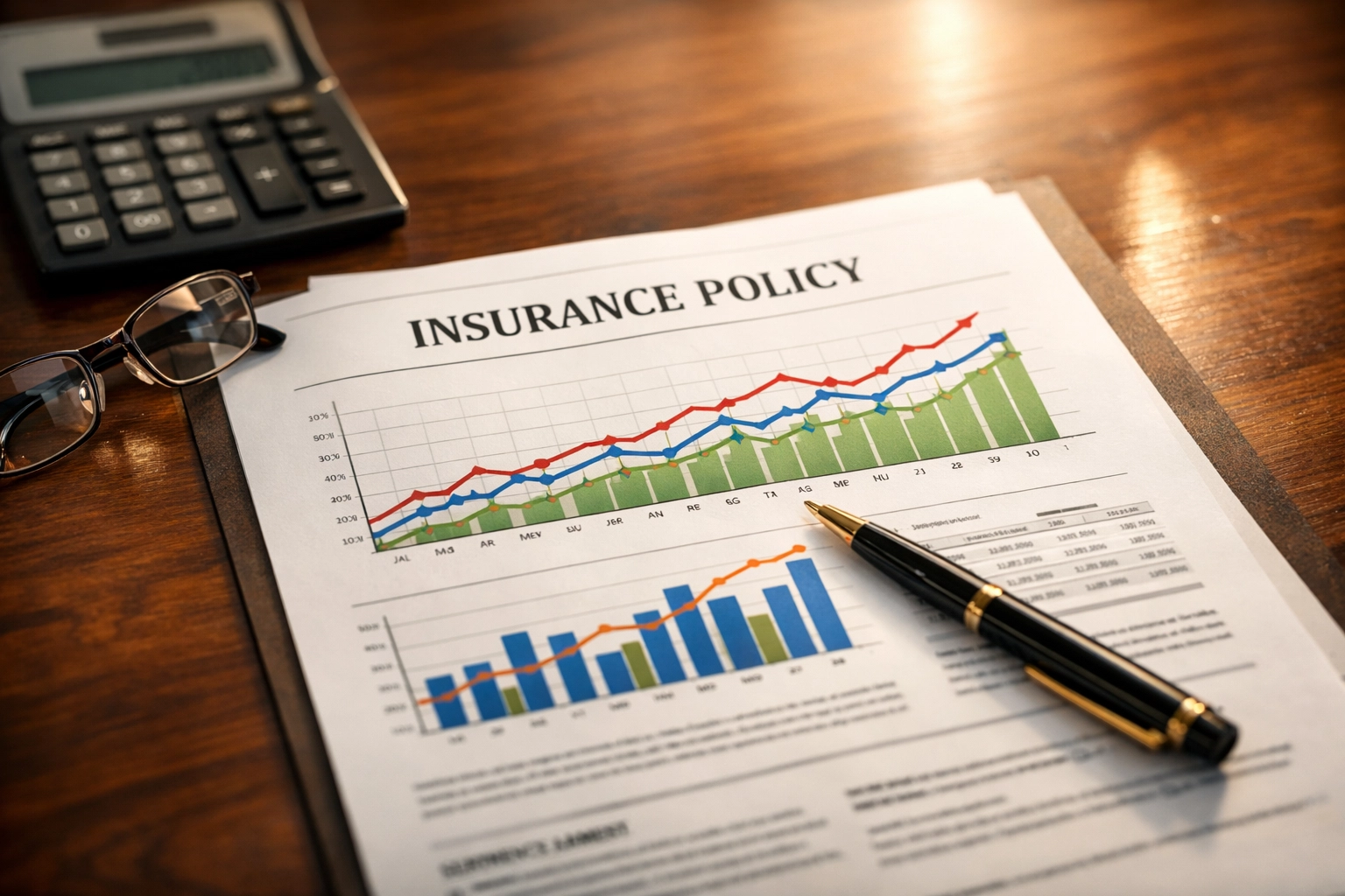 IUL insurance policy illustration with charts and graphs on desk showing projected returns